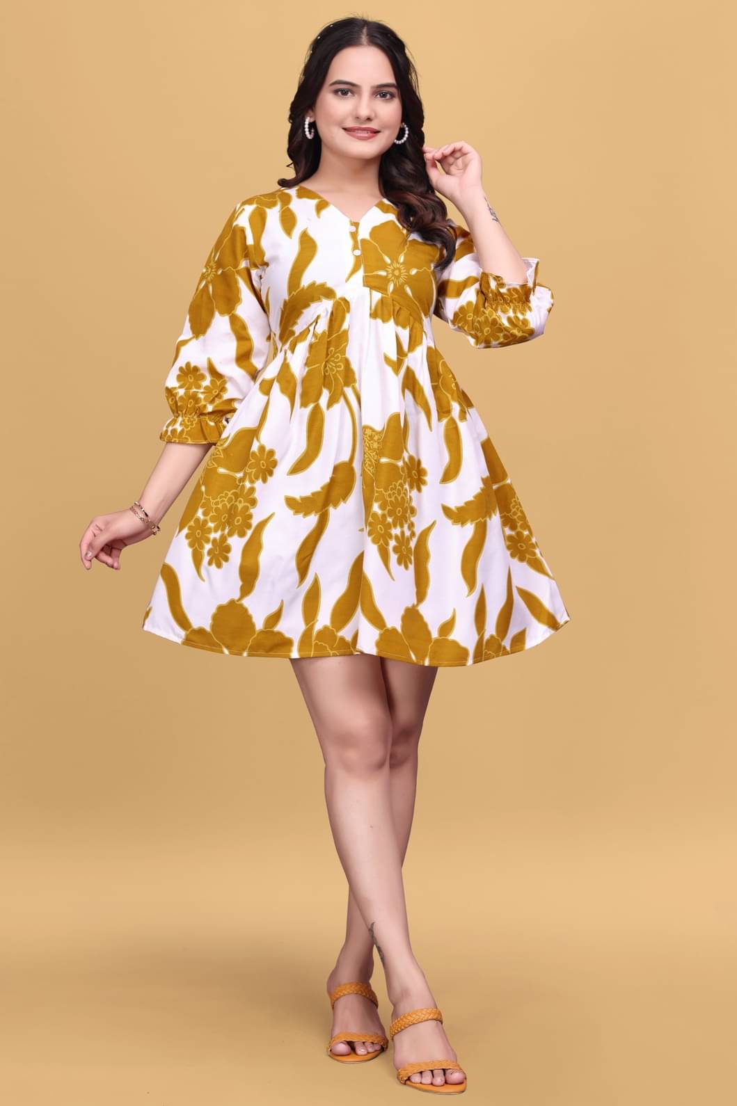 MEHUL TEXTILE / MVC GROUP OF COMPANY Rayon Printed Above Knee Women's Fit & Flare Dress - Yellow ( Pack of 1 ) MEHUL TEXTILE / MVC GROUP OF COMPANY Rayon Printed Above Knee Women's Fit & Flare Dress - Yellow ( Pack of 1 )