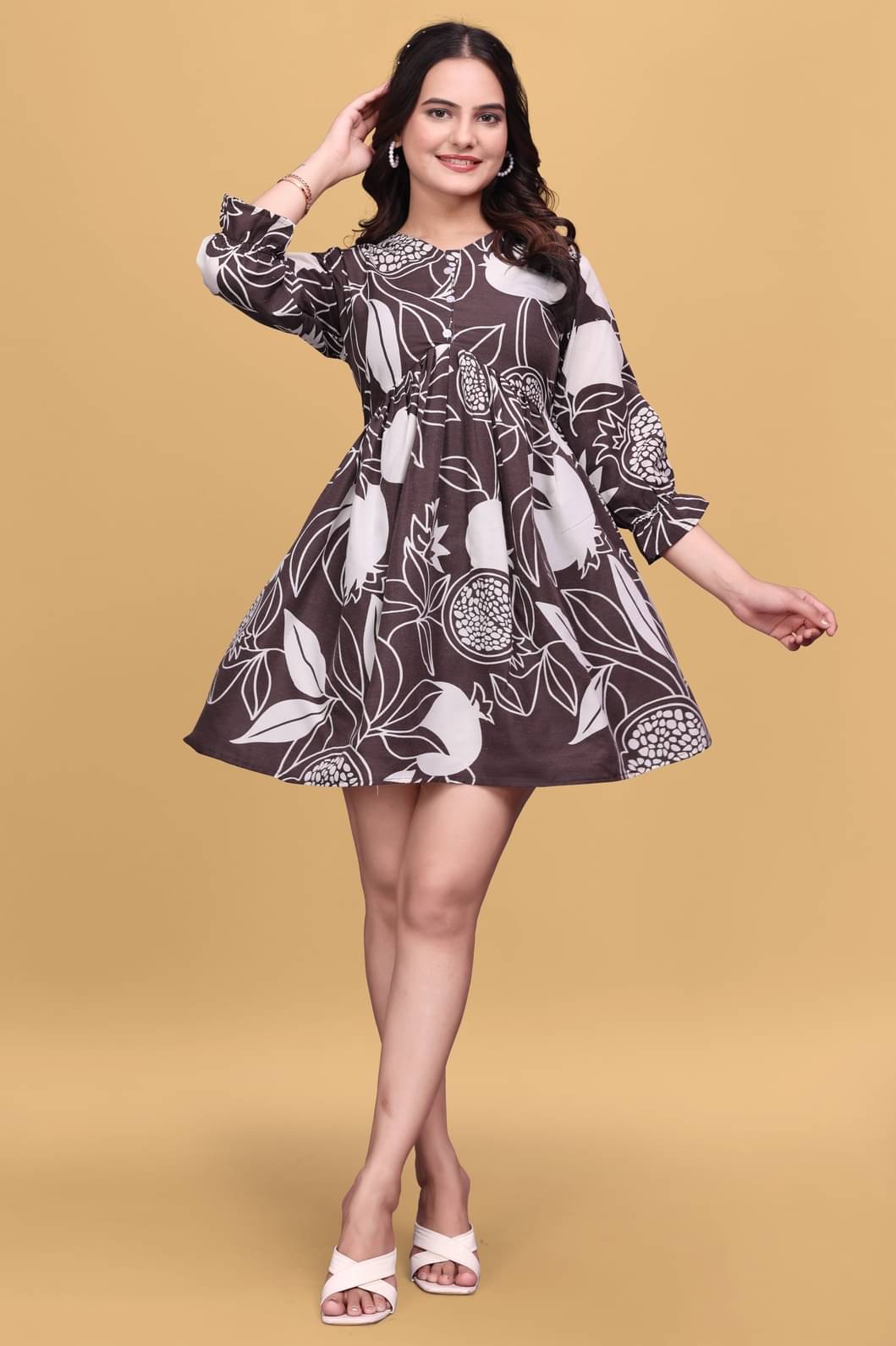 MEHUL TEXTILE / MVC GROUP OF COMPANY Rayon Printed Above Knee Women's Fit & Flare Dress - Brown ( Pack of 1 ) MEHUL TEXTILE / MVC GROUP OF COMPANY Rayon Printed Above Knee Women's Fit & Flare Dress - Brown ( Pack of 1 )