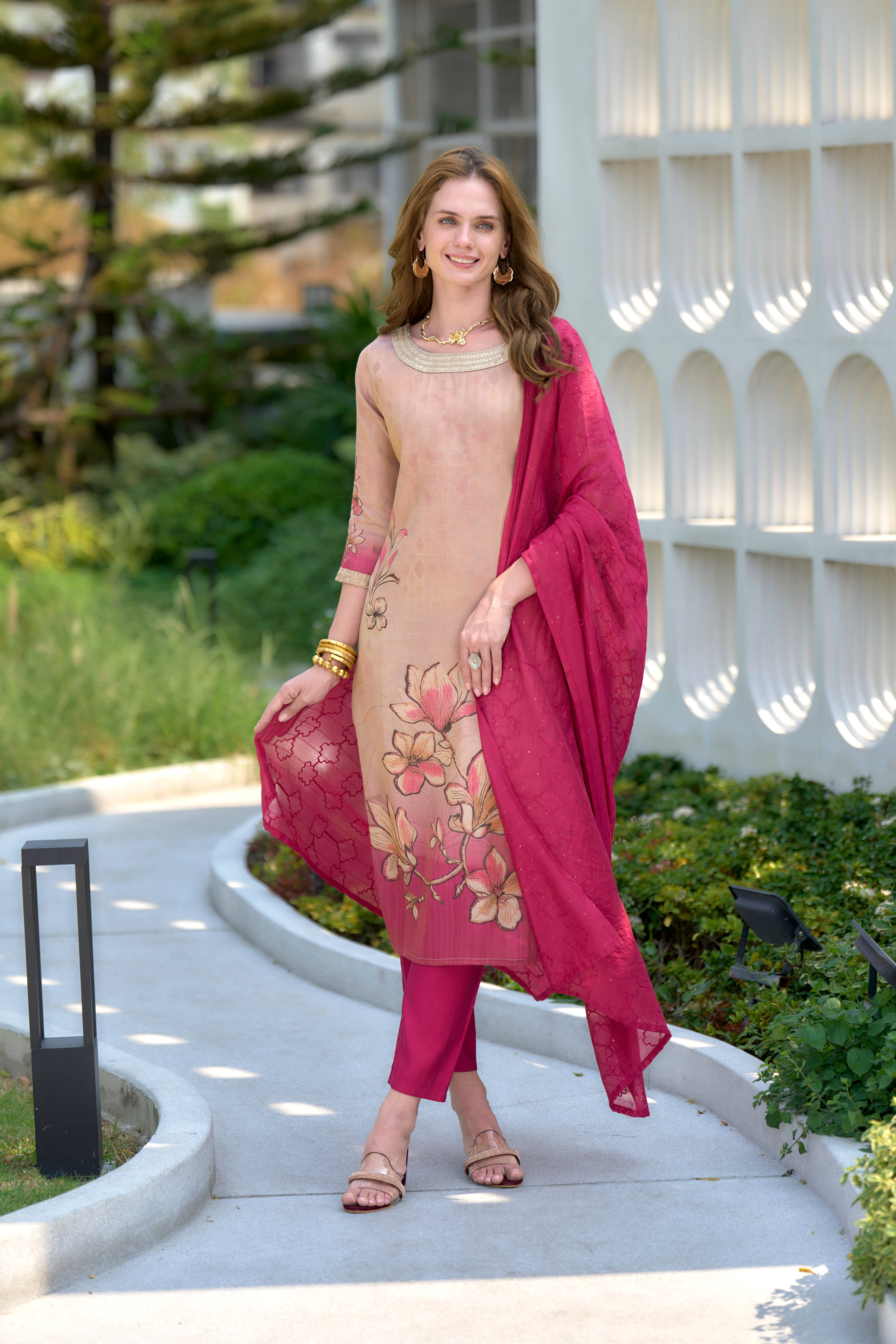     			MOJILAA Silk Embellished Kurti With Pants Women's Stitched Salwar Suit - Peach ( Pack of 1 )
