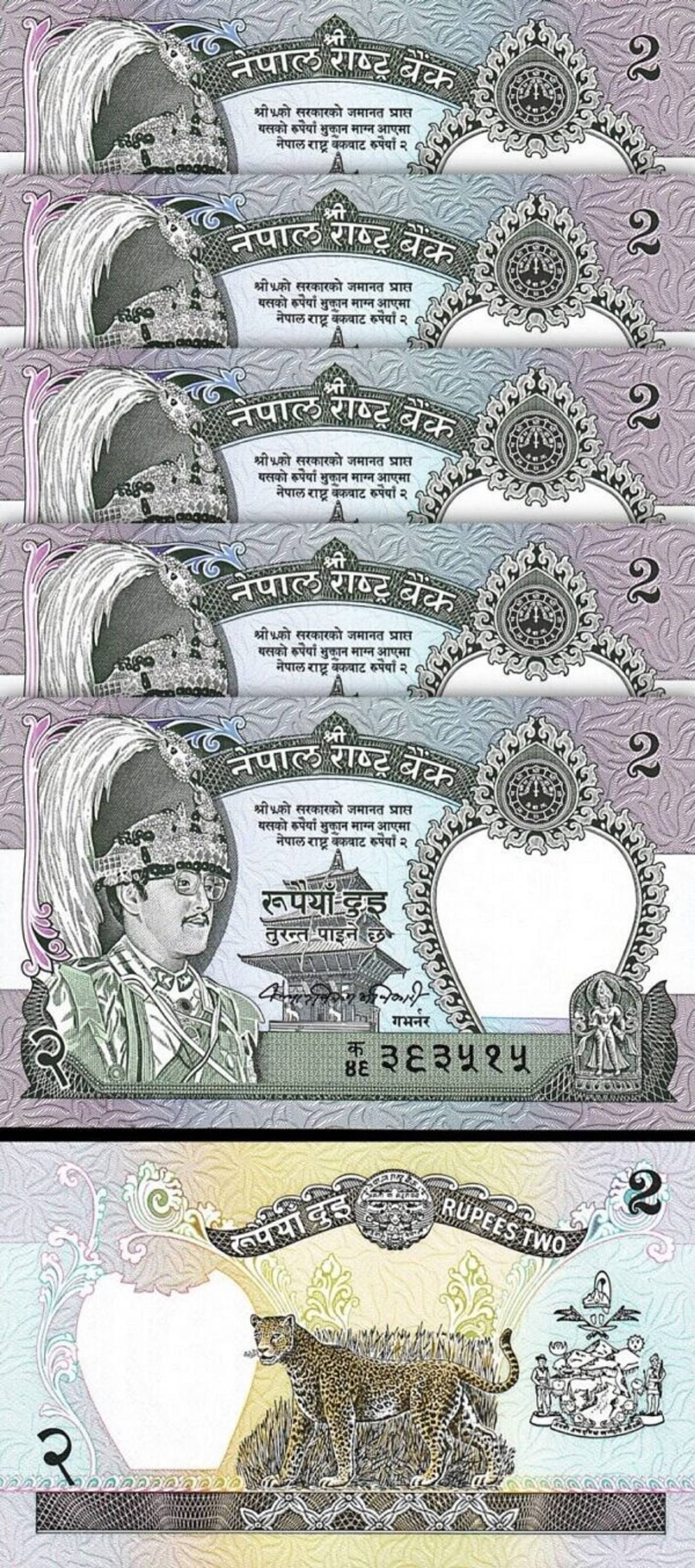     			Nepal 2 Rupees Consecutive Serial 5 Banknotes in Top Grade Gem UNC