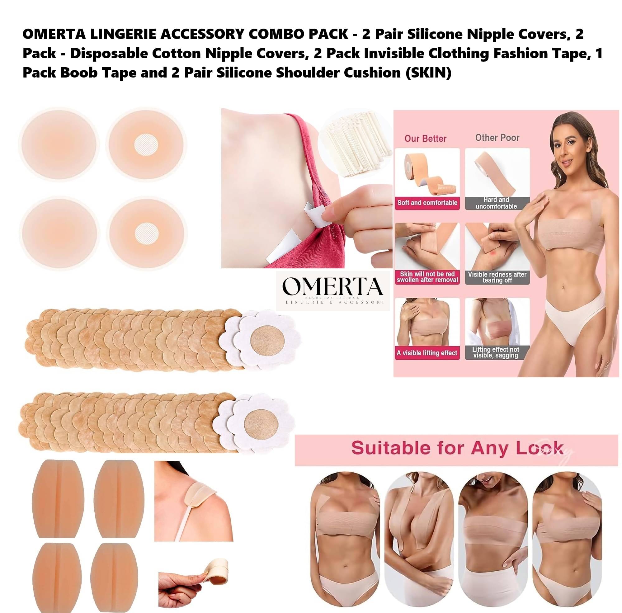     			Omerta Best Quality Cheapest Lingerie Accessories Combo - Breast Lift Boob Tape (1), Reusable Silicone Nipple Cover (2), Disposable Nipple Cover (2 Pack), Silicone Shoulder Cushion (2Pair) & Double Side Invisible Fashion Tape (2Packs)