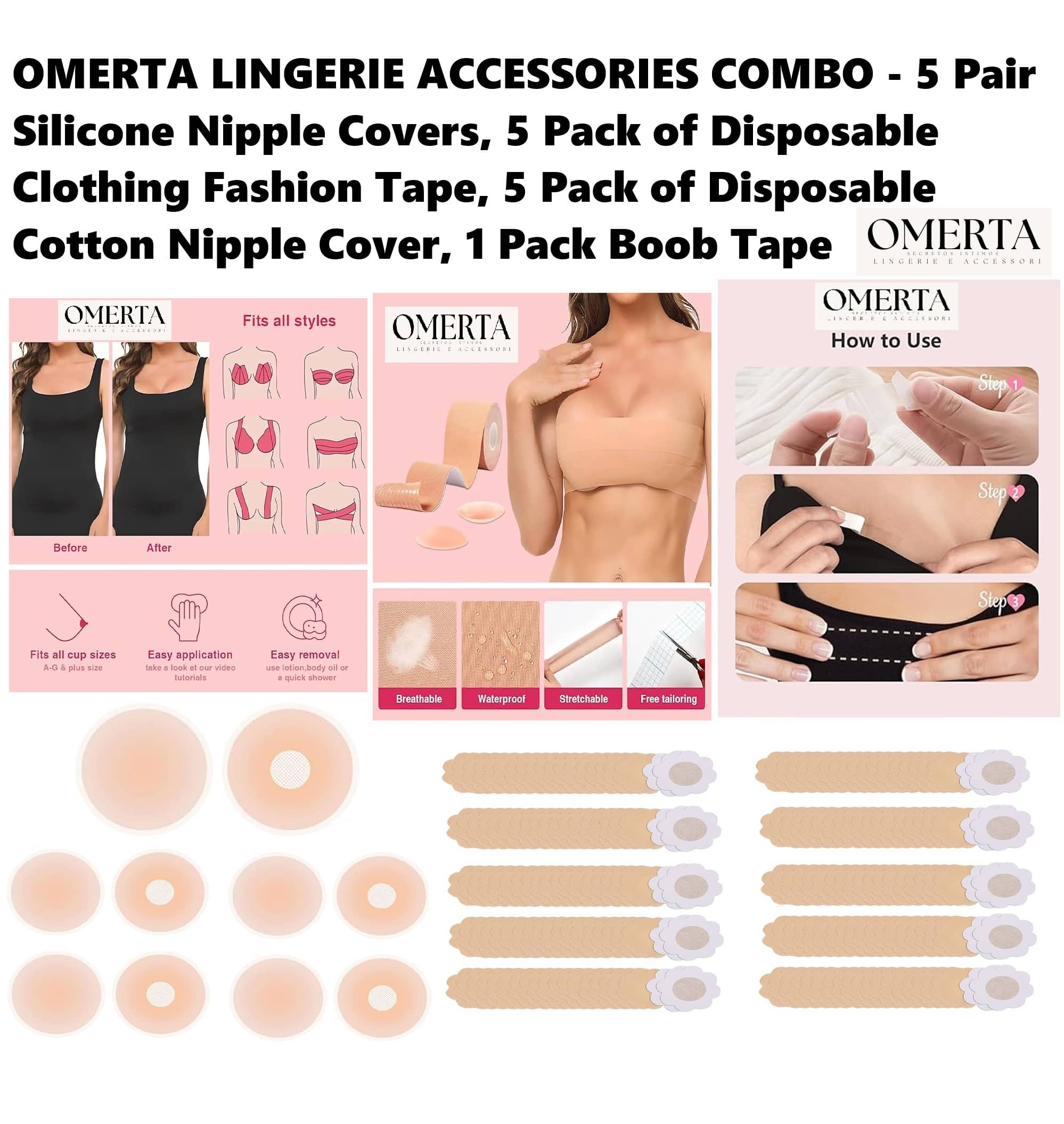 Omerta Best Quality Cheapest Lingerie Accessories Combo - Breast Lift Boob Tape (2), Flix 10 Times Reusable Silicone Nipple Cover (5 Pair), Disposable Cotton Nipple Cover (5 Packs) & Double Side Invisible Fashion Body Tape (5 Packs)