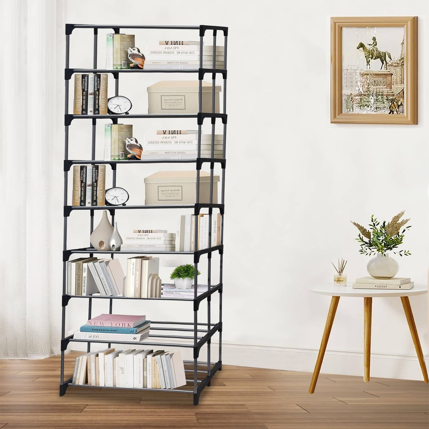     			PHILOSHOP 9 Layer Open Bookcase Rack With Metal Pipe Book Stand Storage for Home & Office (Silver)