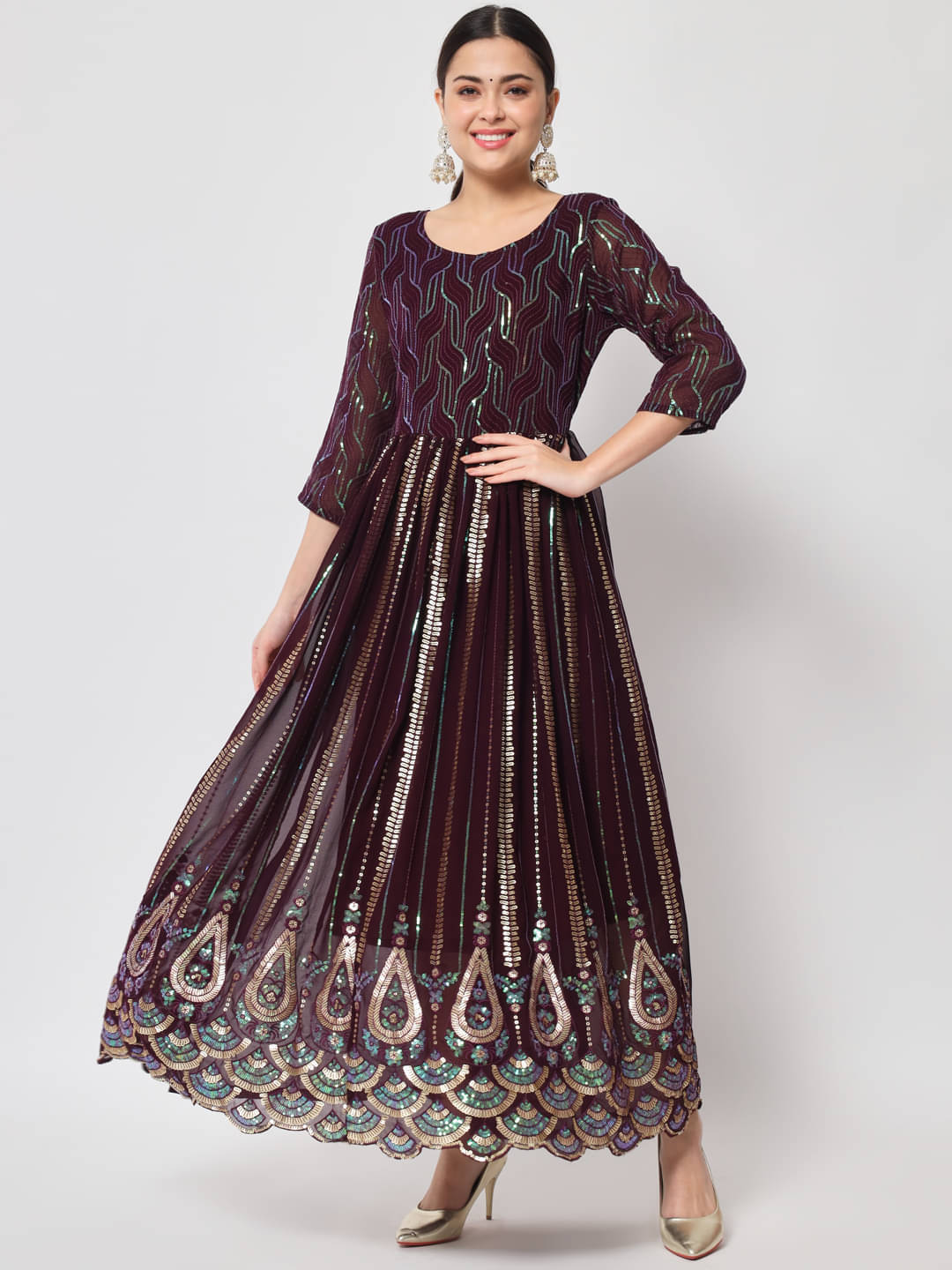 Sitaram Designer Wine Flared Georgette Women's Stitched Ethnic Gown ( Pack of 1 ) Sitaram Designer Wine Flared Georgette Women's Stitched Ethnic Gown ( Pack of 1 )