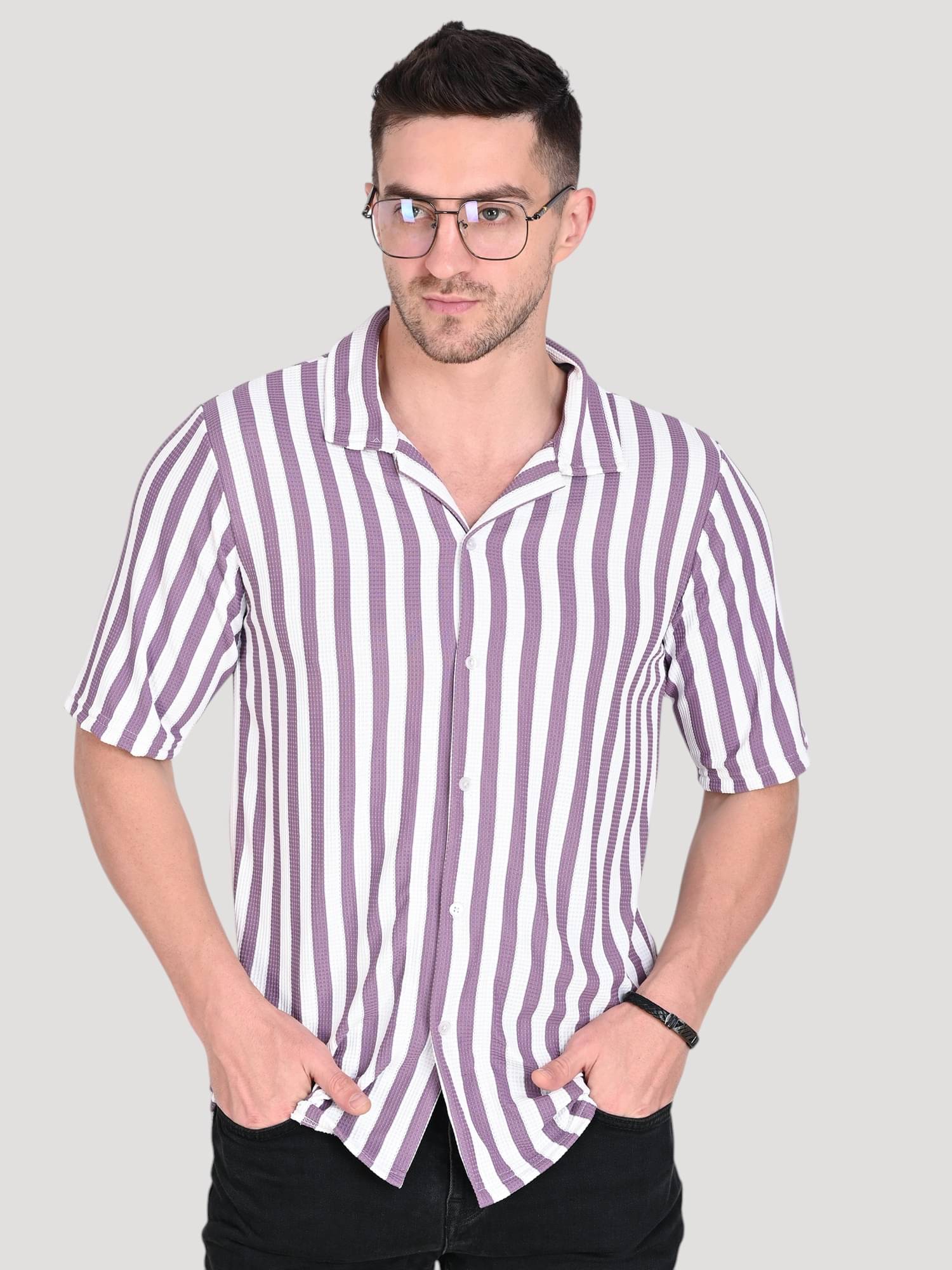 Traquila Cotton Blend Regular Fit Striped Half Sleeves Men's Casual Shirt - Purple ( Pack of 1 ) Traquila Cotton Blend Regular Fit Striped Half Sleeves Men's Casual Shirt - Purple ( Pack of 1 )
