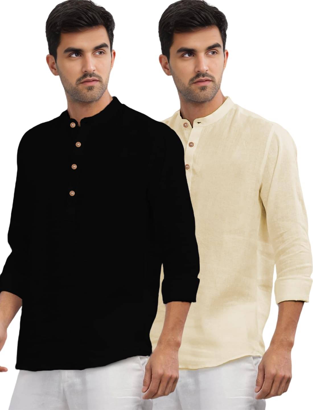     			UNI VIBE Beige Cotton Men's Shirt Style Kurta ( Pack of 2 )
