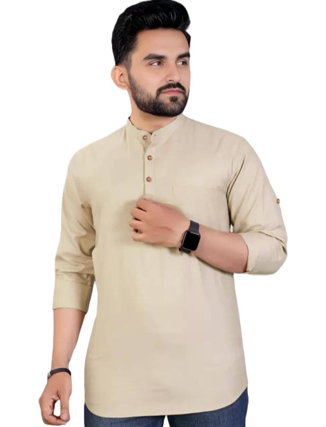    			UNI VIBE Beige Cotton Men's Shirt Style Kurta ( Pack of 1 )