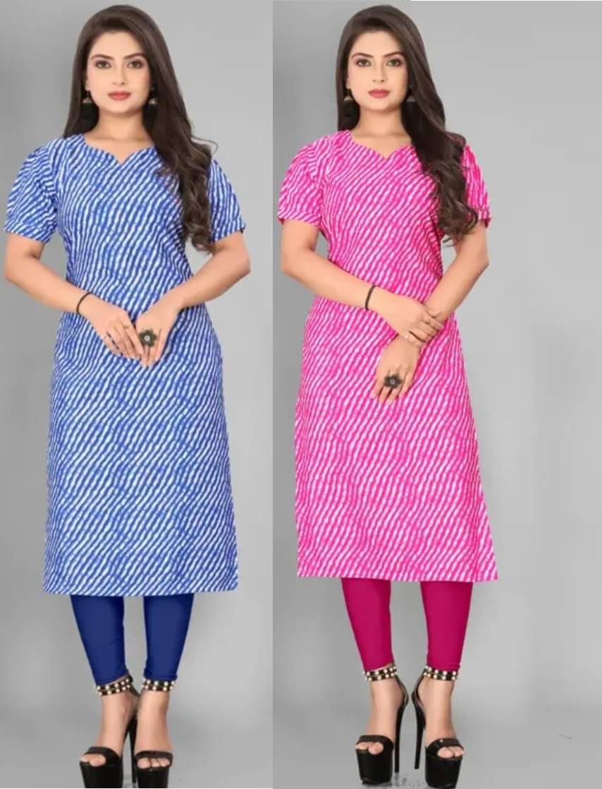 VACHHARAJ GROUP Pack of 2 Crepe Printed Straight Women's Kurti - ( Blue,Fluorescent Pink ) VACHHARAJ GROUP Pack of 2 Crepe Printed Straight Women's Kurti - ( Blue,Fluorescent Pink )