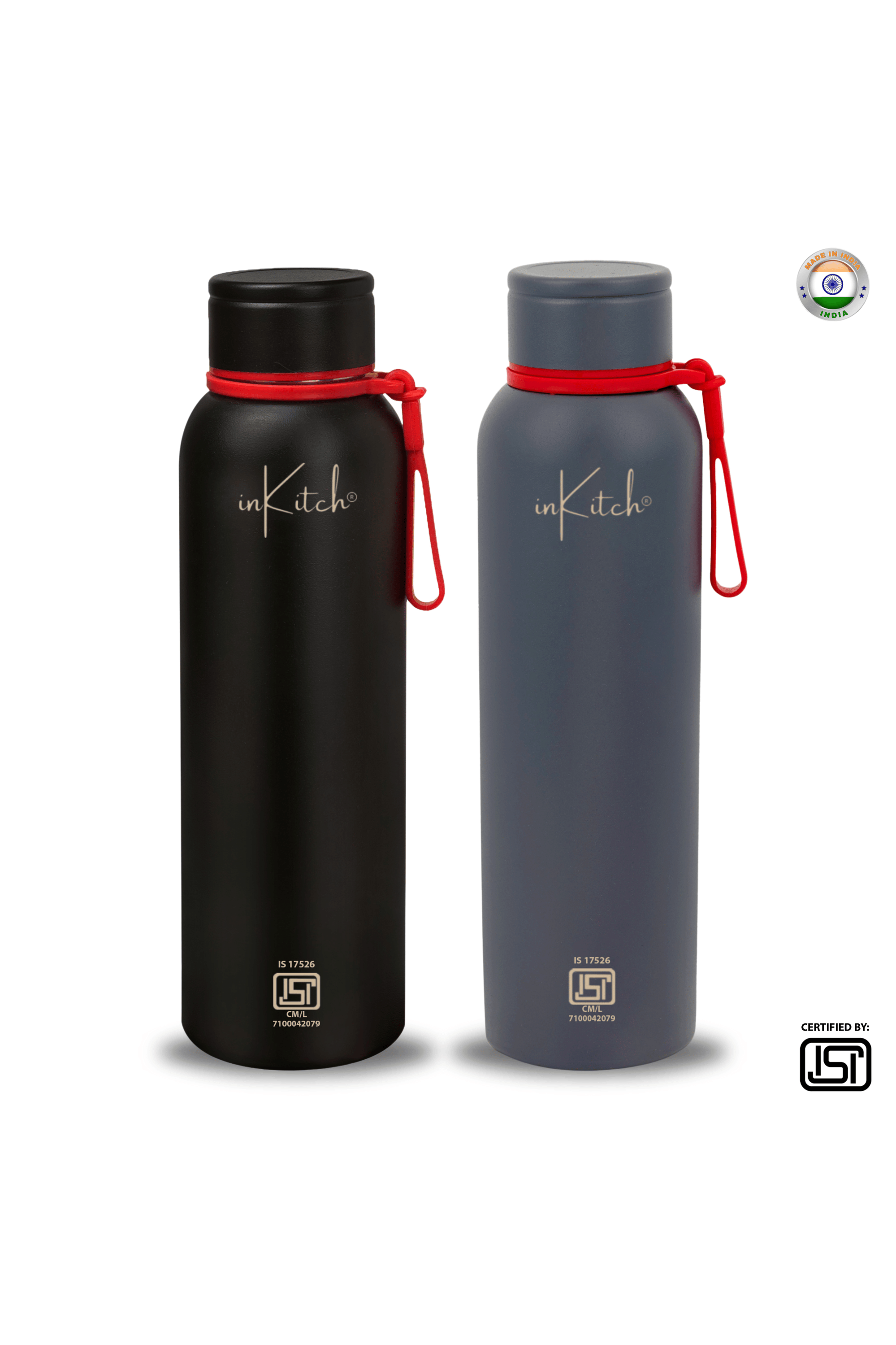 inKitch ISI Certified Double Wall Vacuum Water Bottle Black Steel Water Bottle 1800 mL ( Set of 2 )