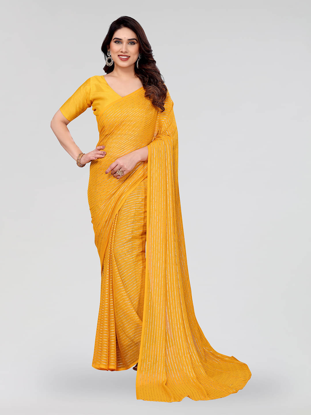 ANAND SAREES Georgette Striped Saree With Unstitched Blouse Piece ( Yellow ) ANAND SAREES Georgette Striped Saree With Unstitched Blouse Piece ( Yellow )