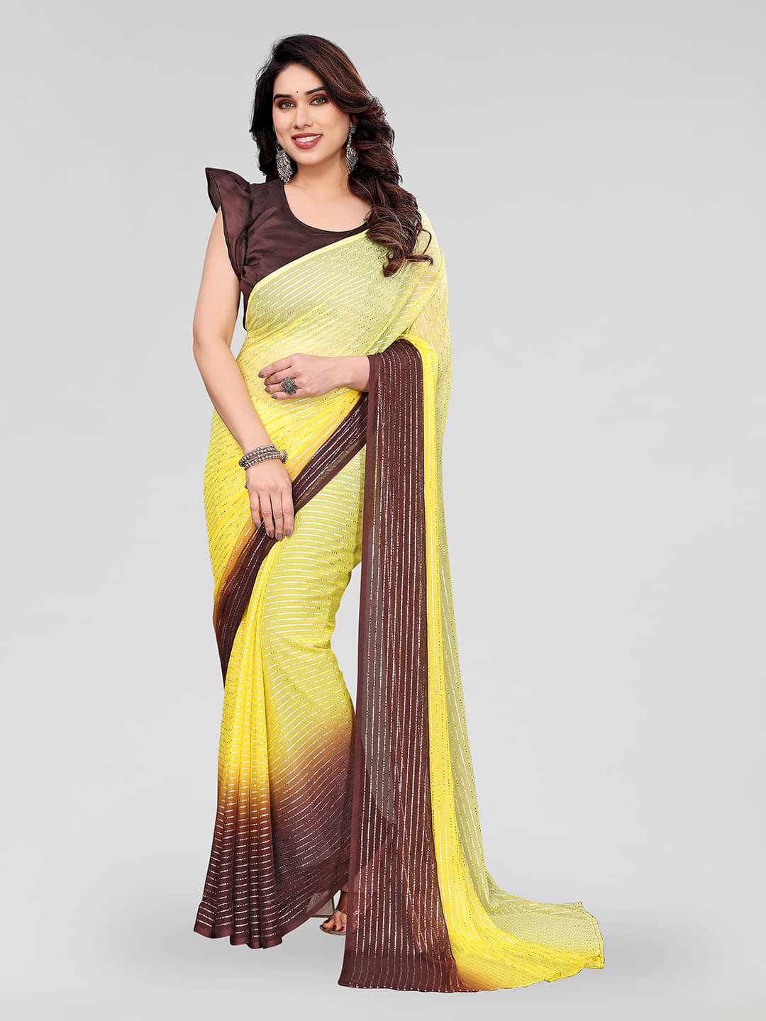     			ANAND SAREES Georgette Striped Saree With Unstitched Blouse Piece ( Yellow )