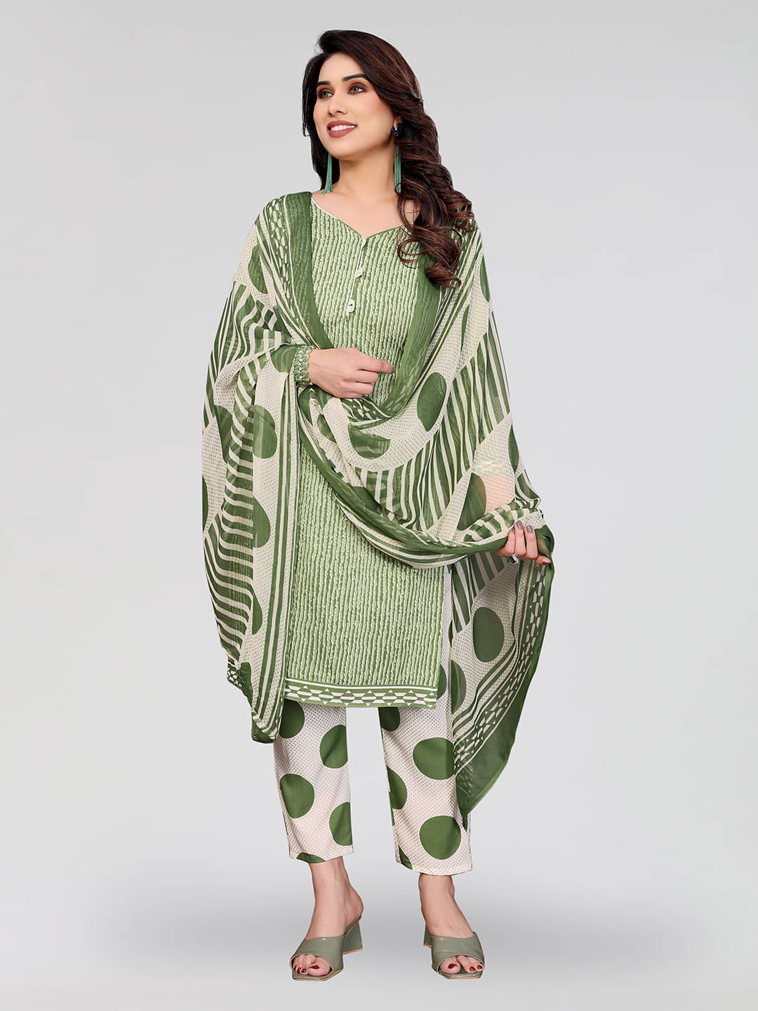     			Anand Unstitched Crepe Striped Dress Material - Green ( Pack of 1 )