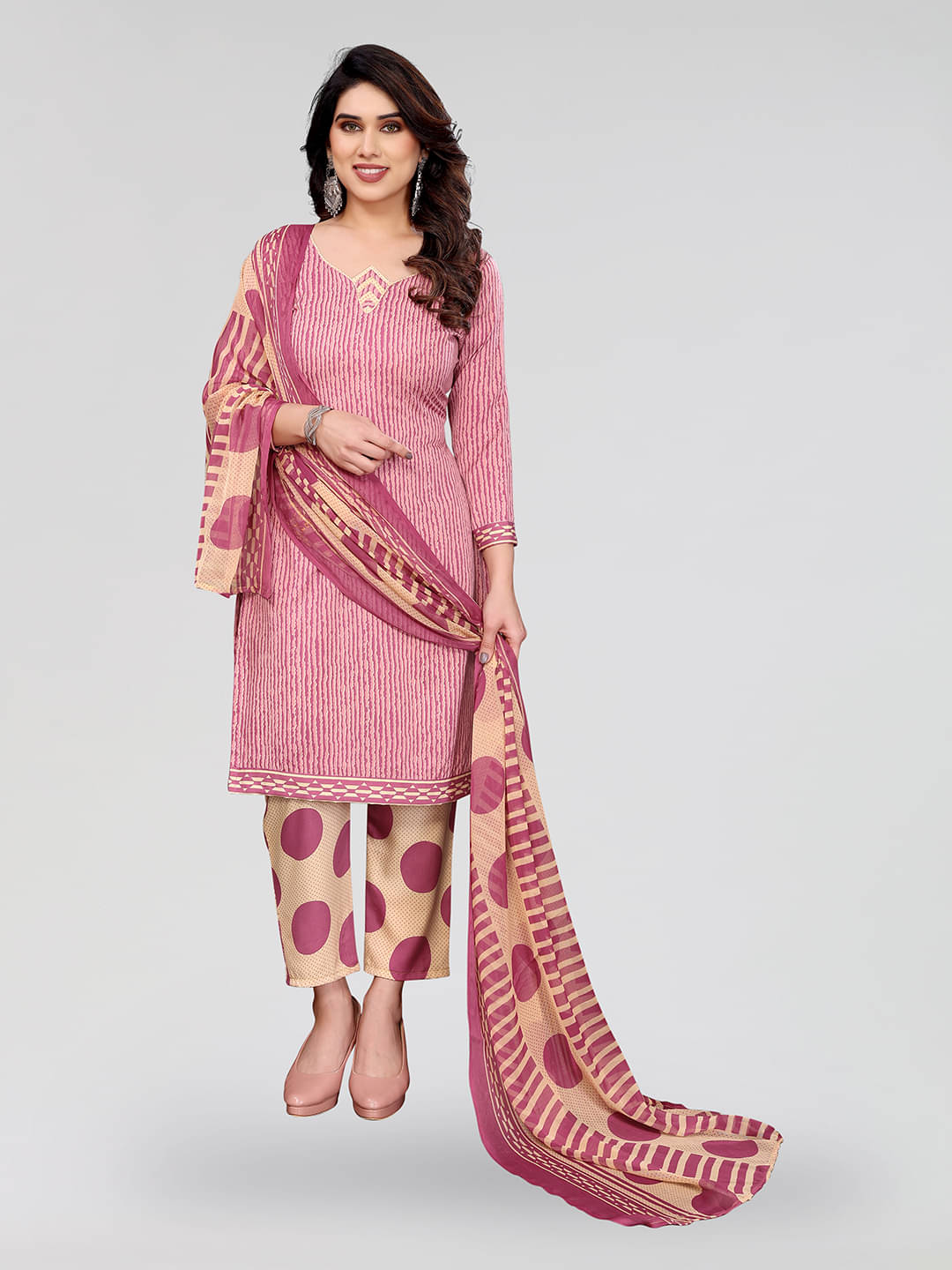     			Anand Unstitched Crepe Striped Dress Material - Pink ( Pack of 1 )