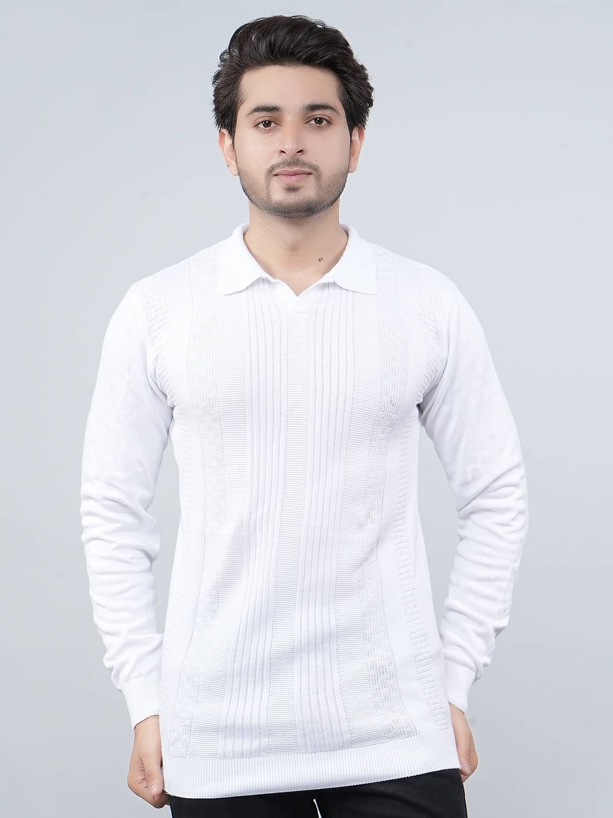FEVERFEW Cotton Blend Polo Collar Men's Full Sleeves Pullover Sweater - White ( Pack of 1 ) FEVERFEW Cotton Blend Polo Collar Men's Full Sleeves Pullover Sweater - White ( Pack of 1 )