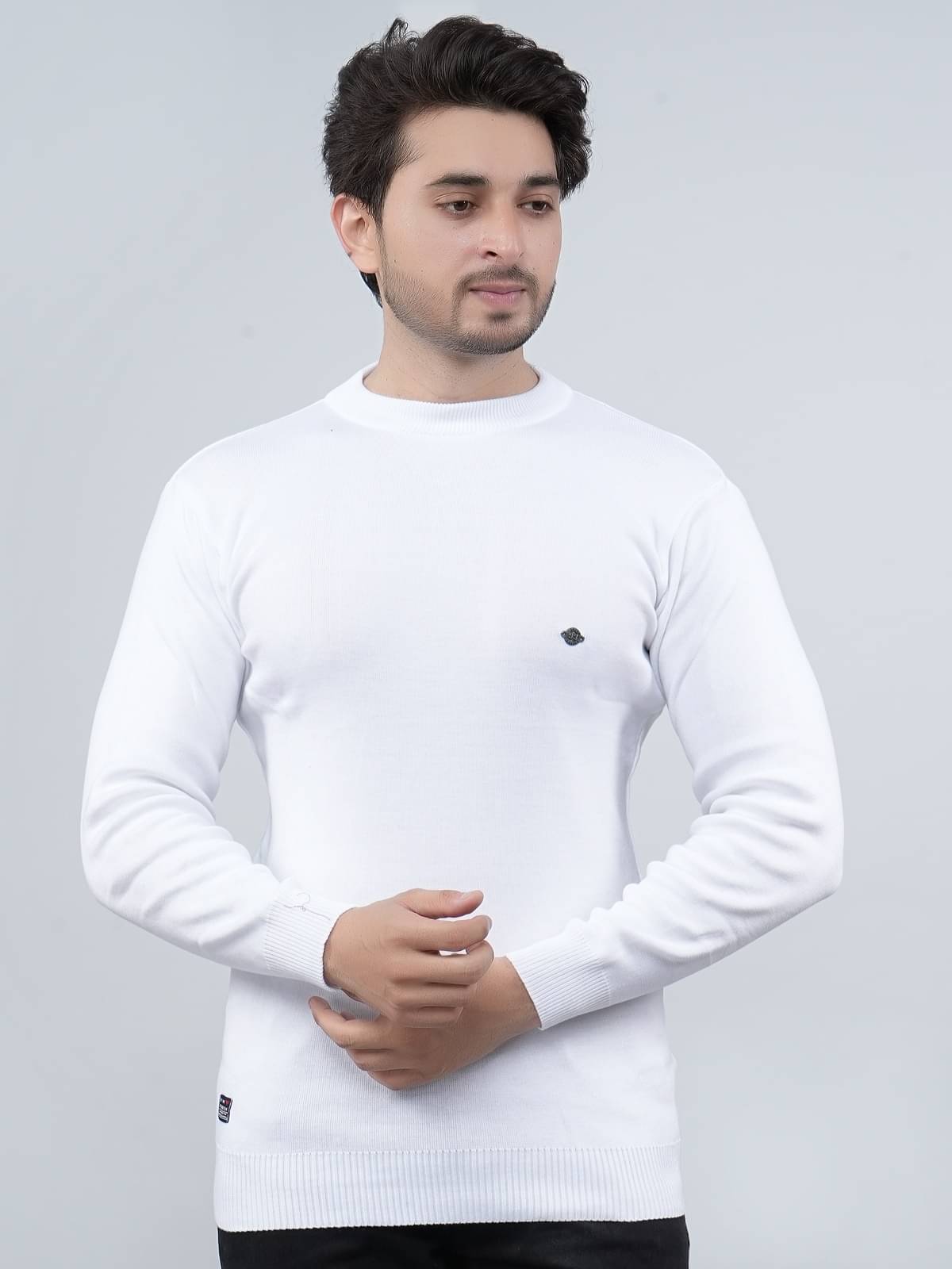 FEVERFEW Cotton Blend Round Neck Men's Full Sleeves Pullover Sweater - White ( Pack of 1 ) FEVERFEW Cotton Blend Round Neck Men's Full Sleeves Pullover Sweater - White ( Pack of 1 )