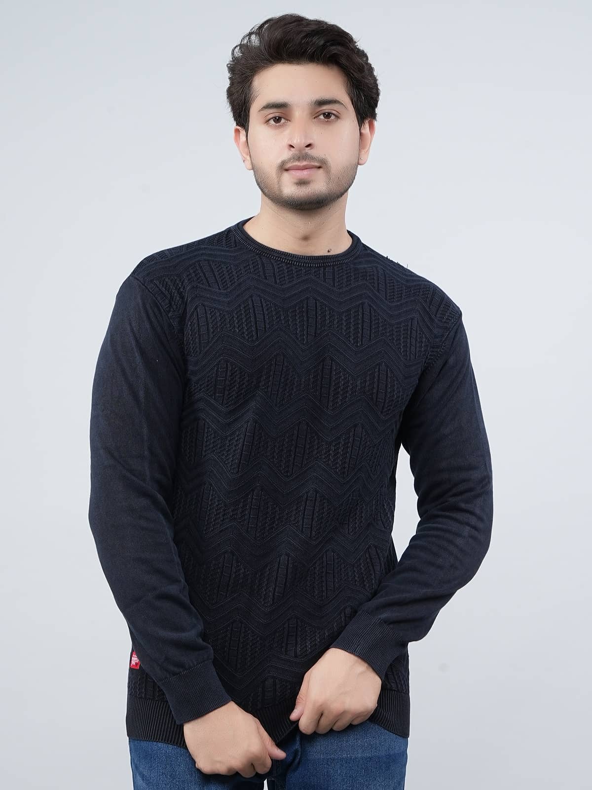FEVERFEW Cotton Blend Round Neck Men's Full Sleeves Pullover Sweater - Navy Blue ( Pack of 1 )