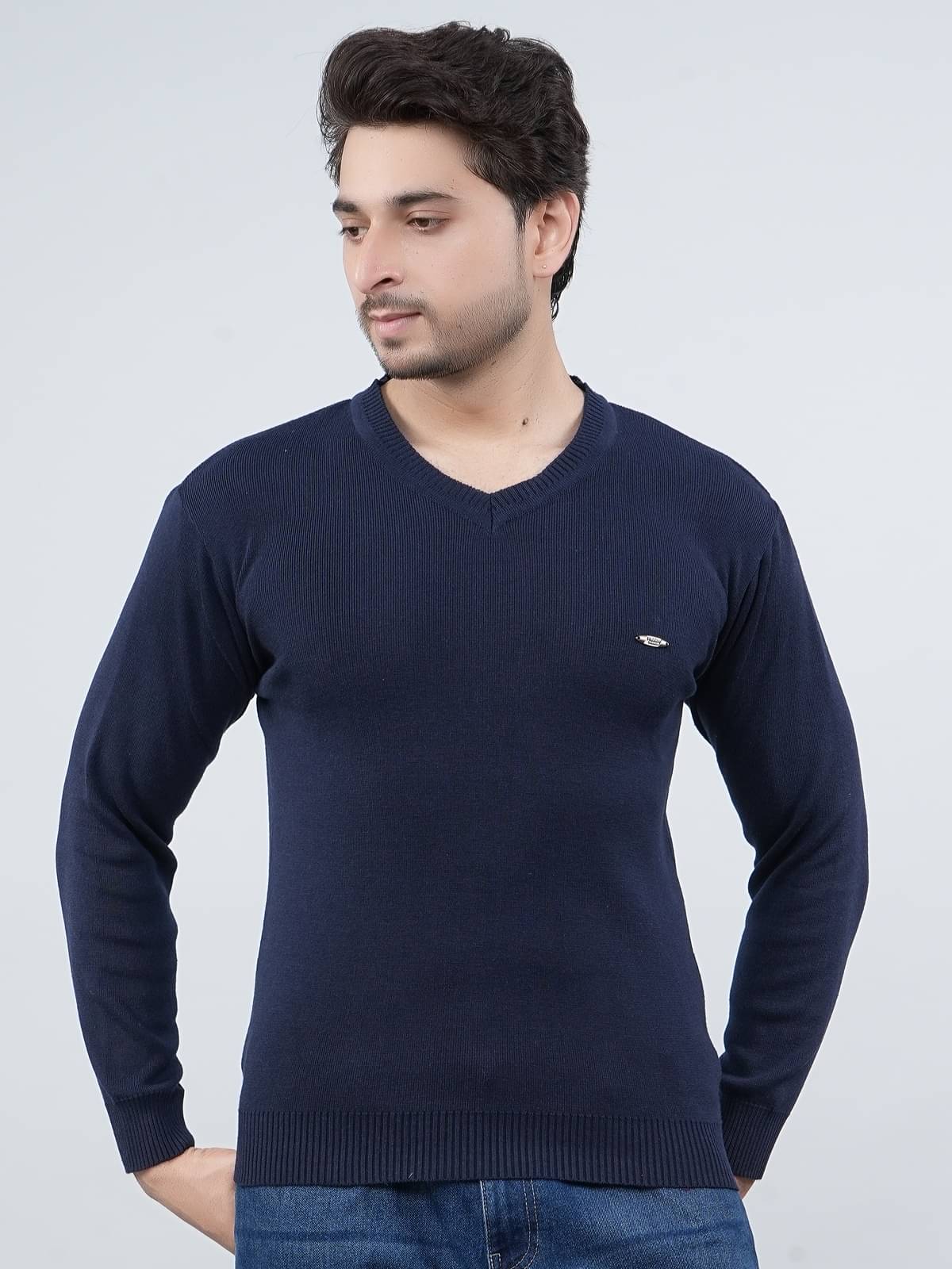 FEVERFEW Cotton Blend V-Neck Men's Full Sleeves Pullover Sweater - Navy ( Pack of 1 )     			FEVERFEW Cotton Blend V-Neck Men's Full Sleeves Pullover Sweater - Navy ( Pack of 1 )