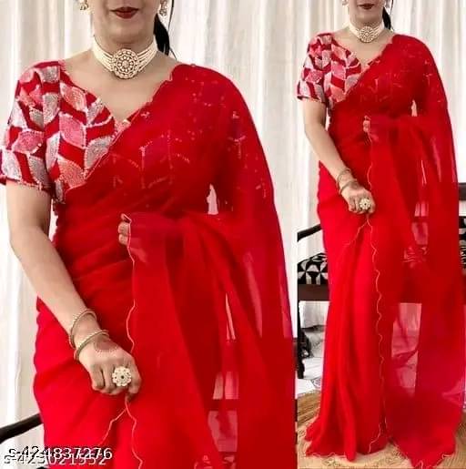 GOPI SAREE Georgette Solid Saree With Unstitched Blouse Piece ( Red ) GOPI SAREE Georgette Solid Saree With Unstitched Blouse Piece ( Red )