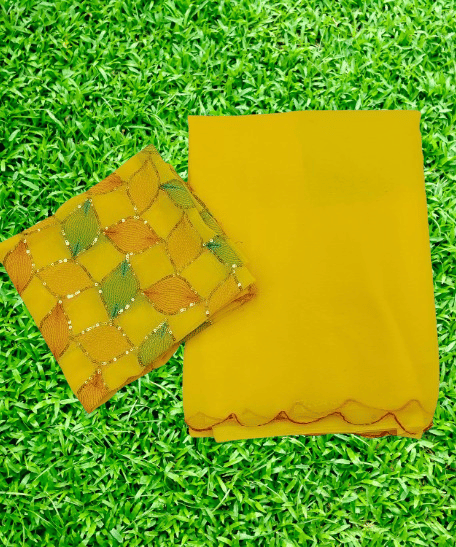 GOPI SAREE Georgette Solid Saree With Unstitched Blouse Piece ( Yellow ) GOPI SAREE Georgette Solid Saree With Unstitched Blouse Piece ( Yellow )