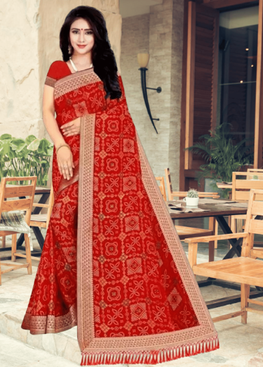 JILUDI' Georgette Printed Saree With Unstitched Blouse Piece ( Red ) - Sarees | Buy online on ZillyBuy