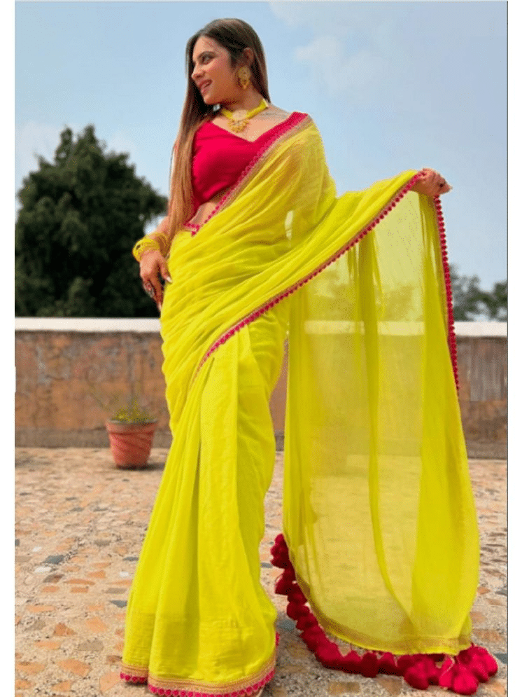     			JILUDI Georgette Solid Saree With Unstitched Blouse Piece ( Yellow )