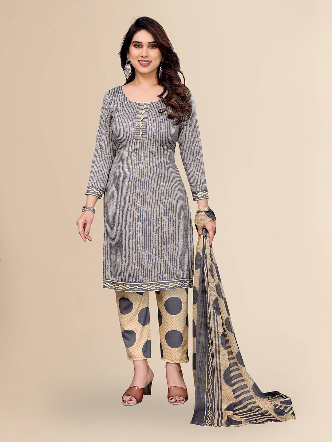     			Kashvi Unstitched Crepe Striped Dress Material - Grey ( Pack of 1 )
