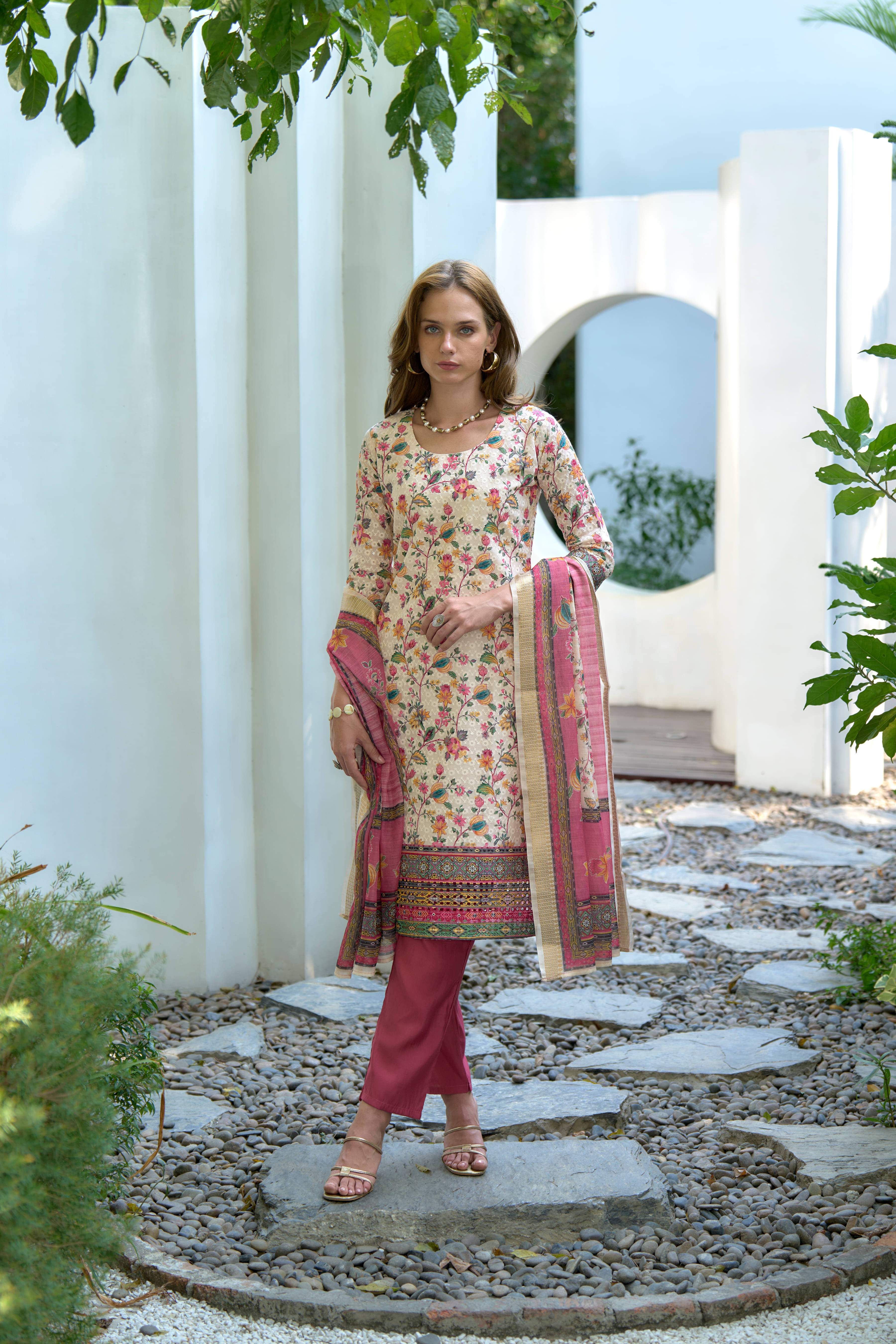MOJILAA Cotton Embroidered Kurti With Pants Women's Stitched Salwar Suit - Pink ( Pack of 1 ) MOJILAA Cotton Embroidered Kurti With Pants Women's Stitched Salwar Suit - Pink ( Pack of 1 )