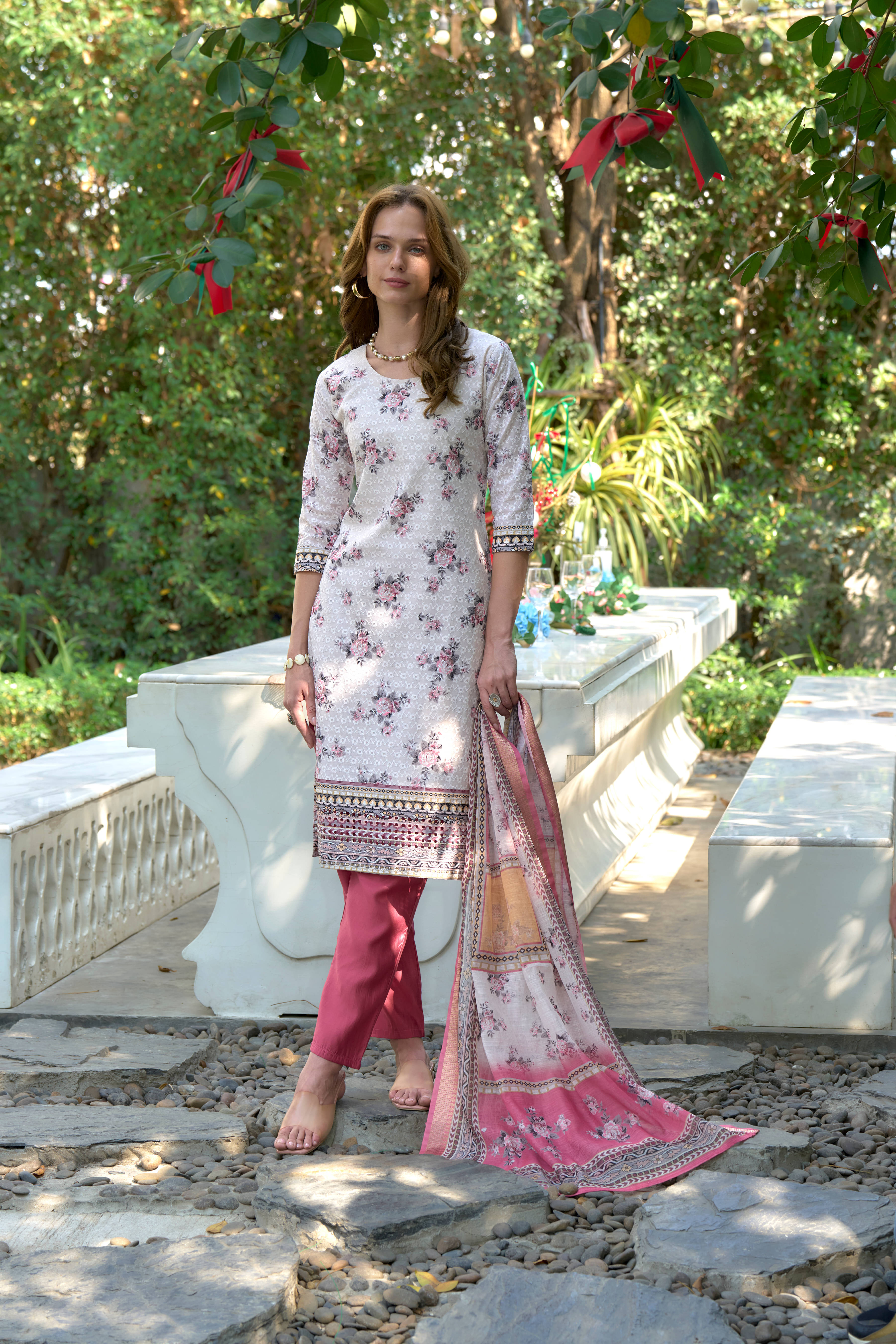     			MOJILAA Cotton Printed Kurti With Pants Women's Stitched Salwar Suit - Mauve ( Pack of 1 )