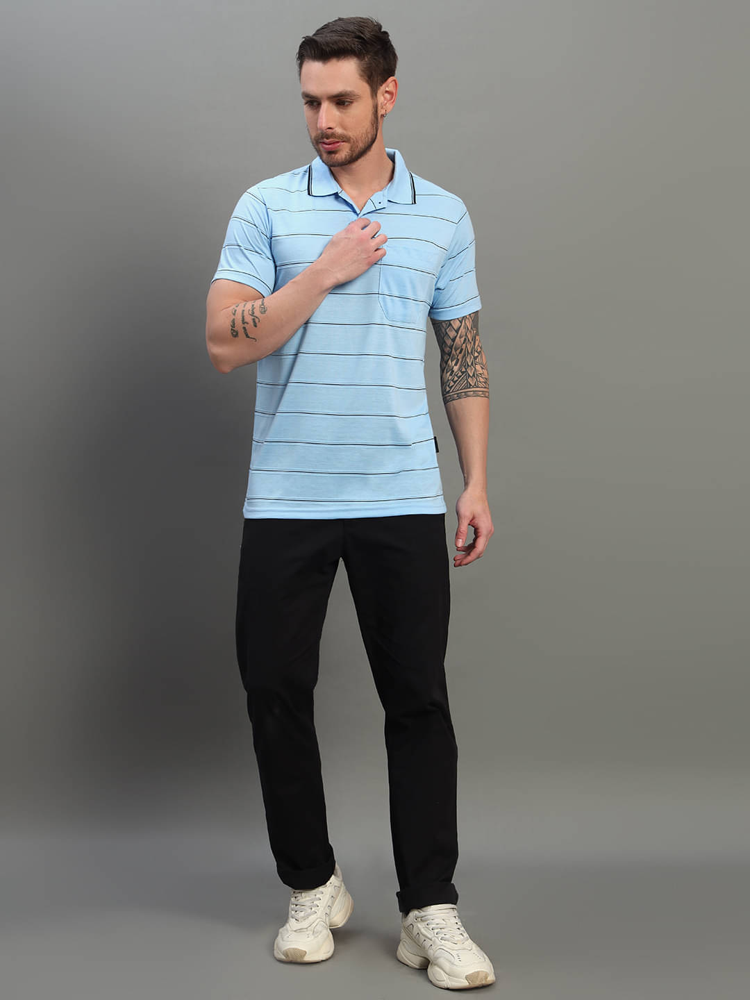 Nuovo Pack of 1 Cotton Blend Regular Fit Striped Half Sleeves Men's Polo T Shirt ( Sky Blue ) Nuovo Pack of 1 Cotton Blend Regular Fit Striped Half Sleeves Men's Polo T Shirt ( Sky Blue )