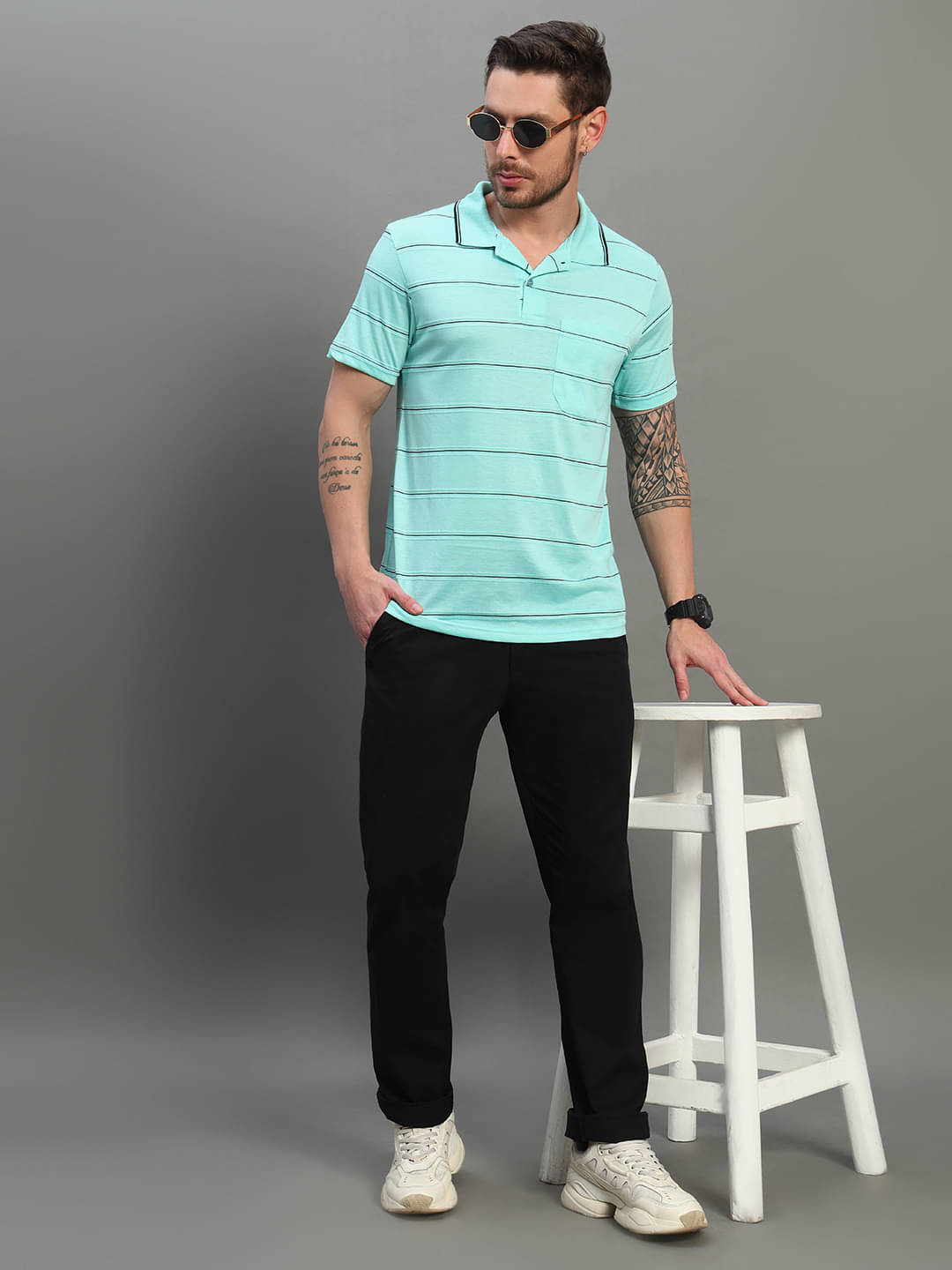     			Nuovo Pack of 1 Cotton Blend Regular Fit Striped Half Sleeves Men's Polo T Shirt ( Sea Green )