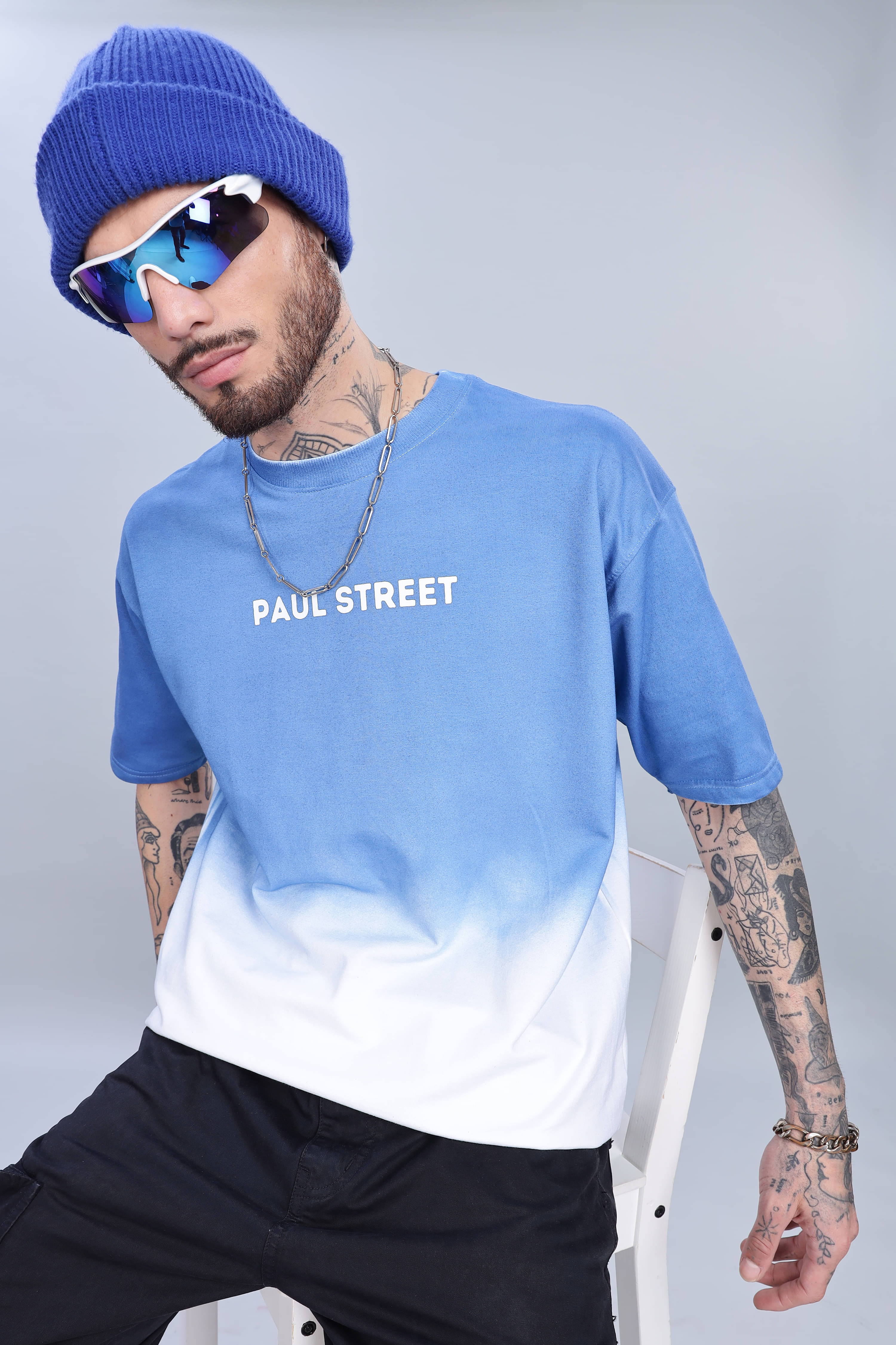     			Paul Street Cotton Oversized Fit Colorblock Half Sleeves Men's Round T-Shirt - Blue ( Pack of 1 )