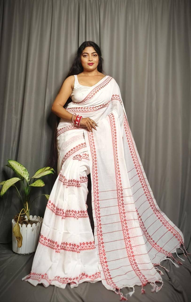     			SARADA HANDLOOM Cotton Printed Saree With Unstitched Blouse Piece ( White )