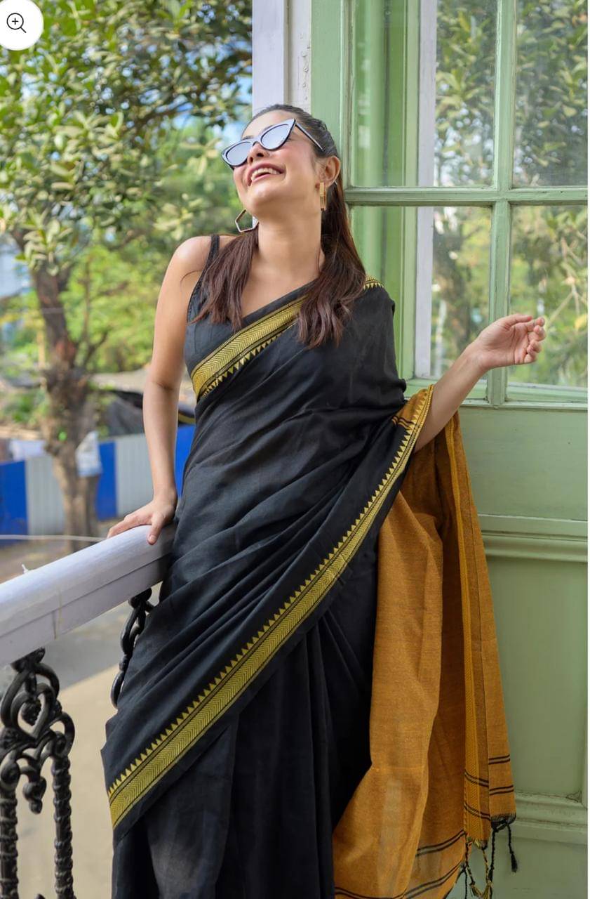     			SARADA HANDLOOM Cotton Solid Saree With Unstitched Blouse Piece ( Black )