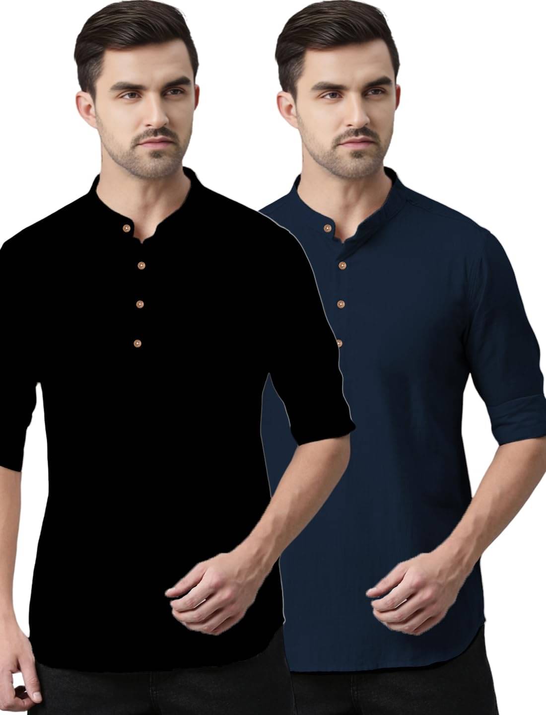 UNI VIBE Navy Blue Cotton Men's Shirt Style Kurta ( Pack of 2 )     			UNI VIBE Navy Blue Cotton Men's Shirt Style Kurta ( Pack of 2 )