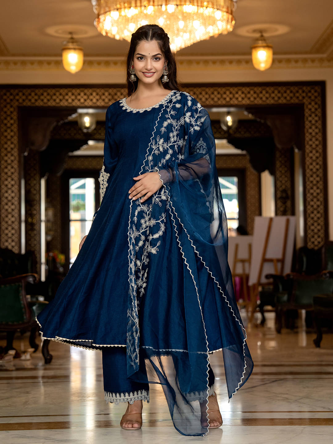 Vaamsi Silk Blend Embroidered Kurti With Pants Women's Stitched Salwar Suit - Blue ( Pack of 1 ) Vaamsi Silk Blend Embroidered Kurti With Pants Women's Stitched Salwar Suit - Blue ( Pack of 1 )