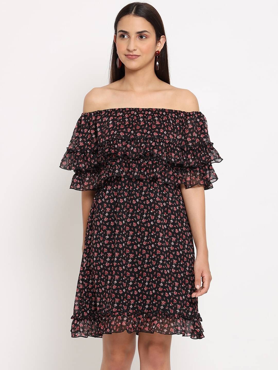     			marc louis Women Chiffon Printed Fit & Flare Dress ( Black )