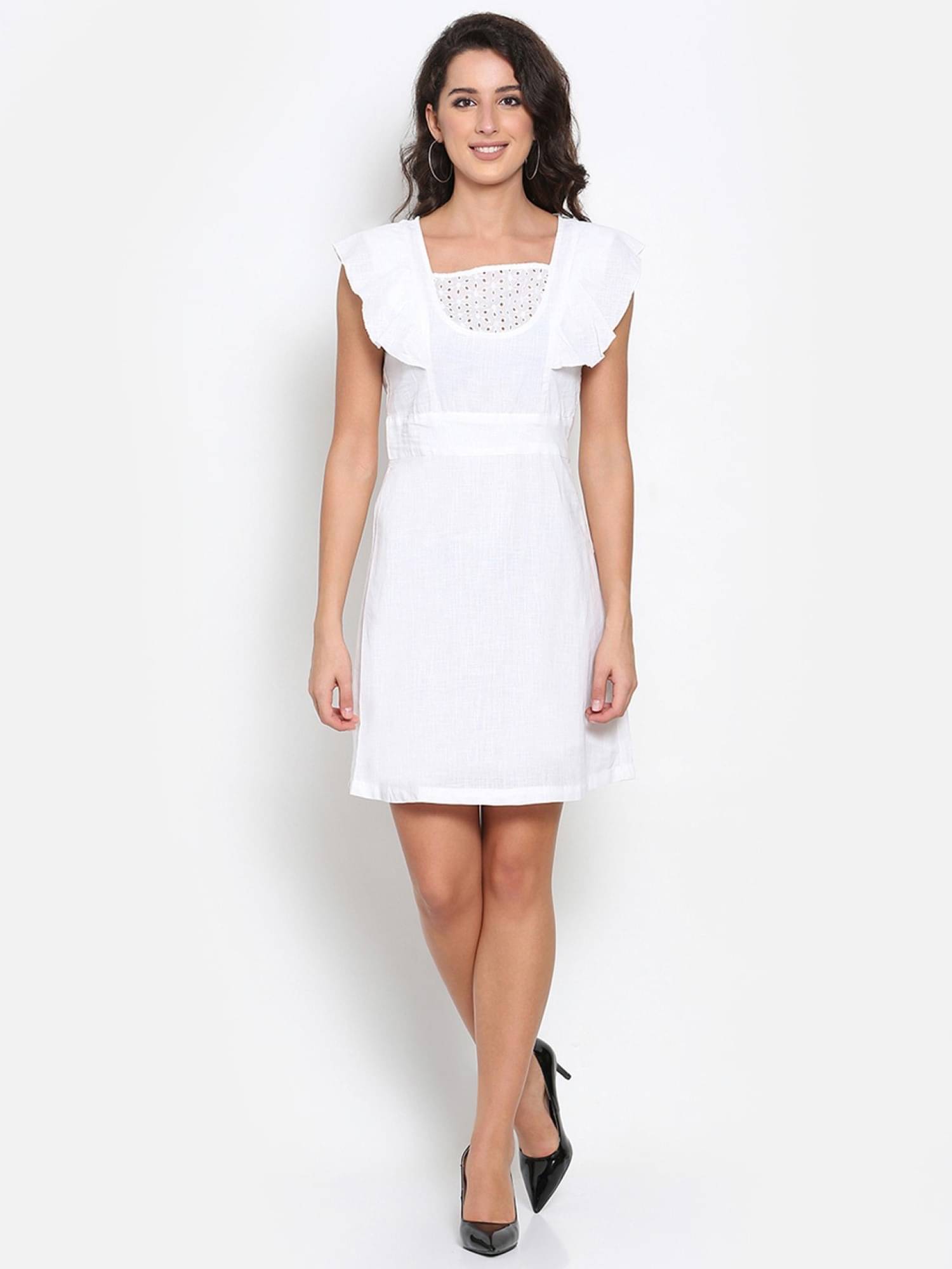 marc louis Women Cotton Blend Printed Fit & Flare Dress ( White ) marc louis Women Cotton Blend Printed Fit & Flare Dress ( White )