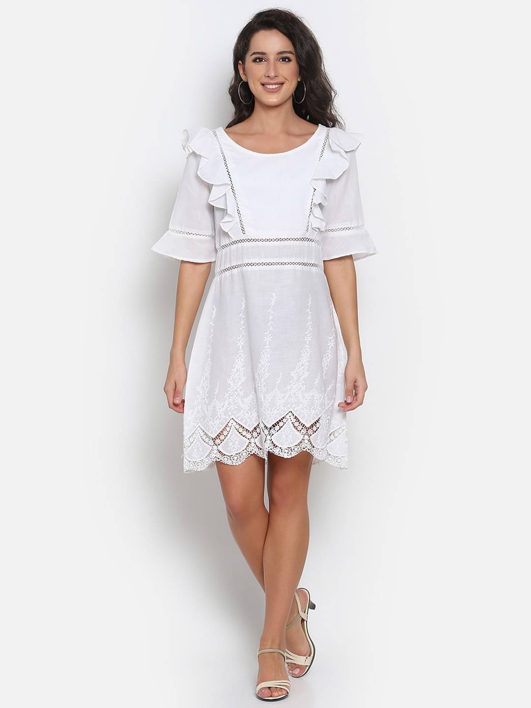 marc louis Women Cotton Blend Printed Fit & Flare Dress ( White ) marc louis Women Cotton Blend Printed Fit & Flare Dress ( White )