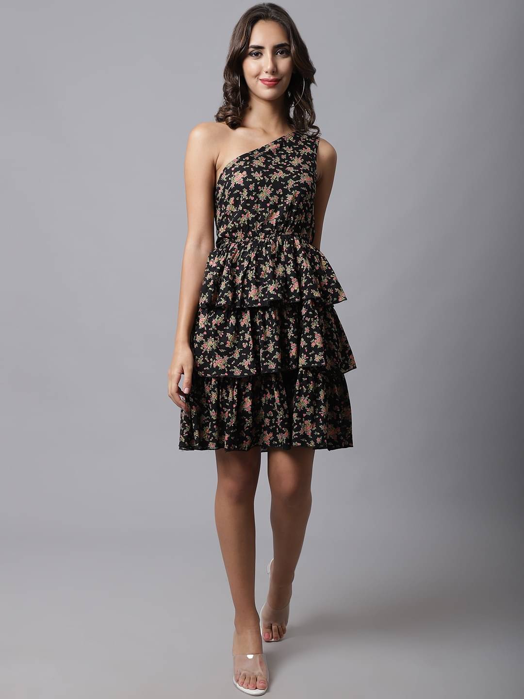     			marc louis Women Cotton Blend Printed Fit & Flare Dress ( Black )