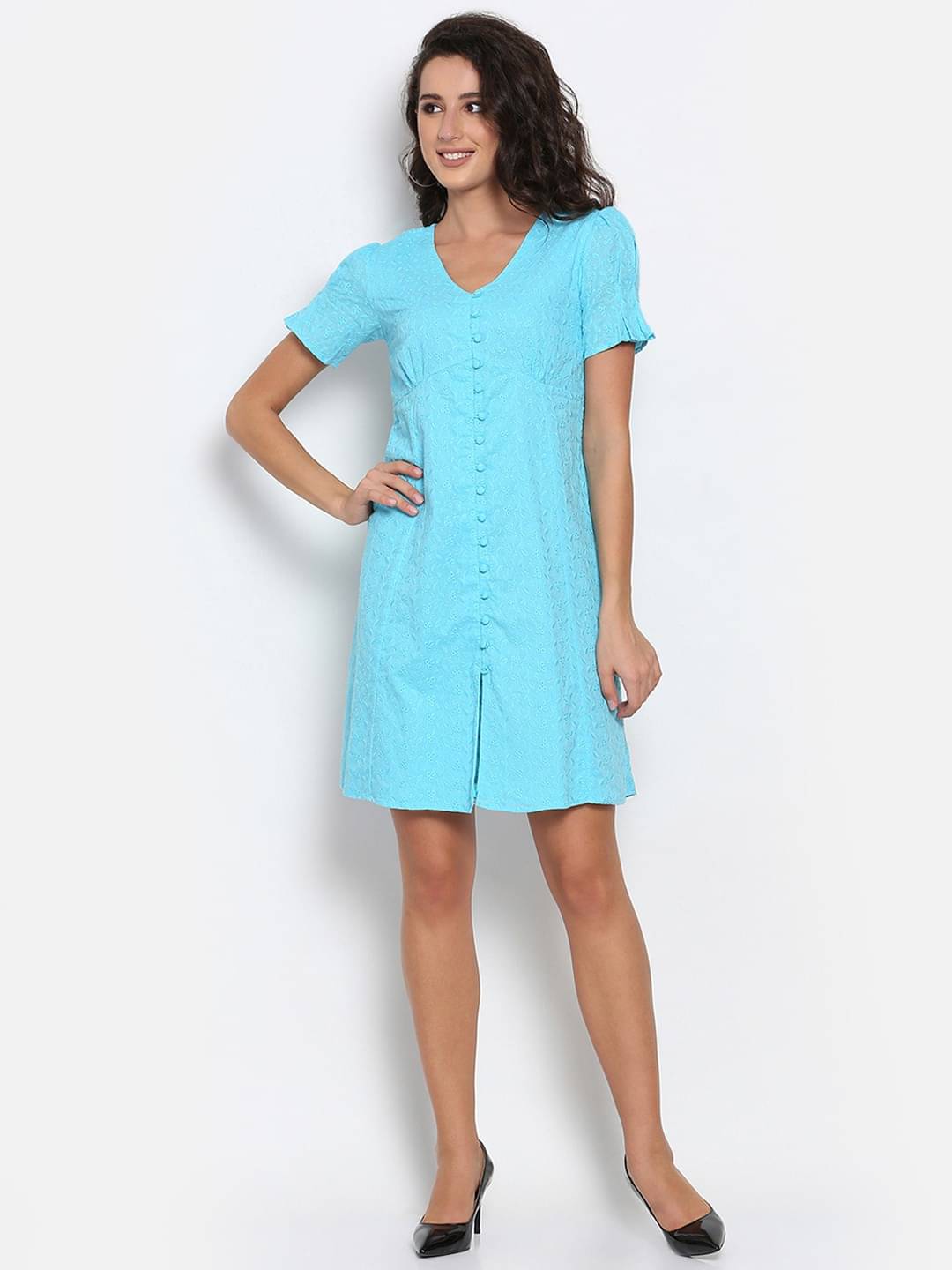 marc louis Women Cotton Blend Printed Fit & Flare Dress ( Blue ) marc louis Women Cotton Blend Printed Fit & Flare Dress ( Blue )