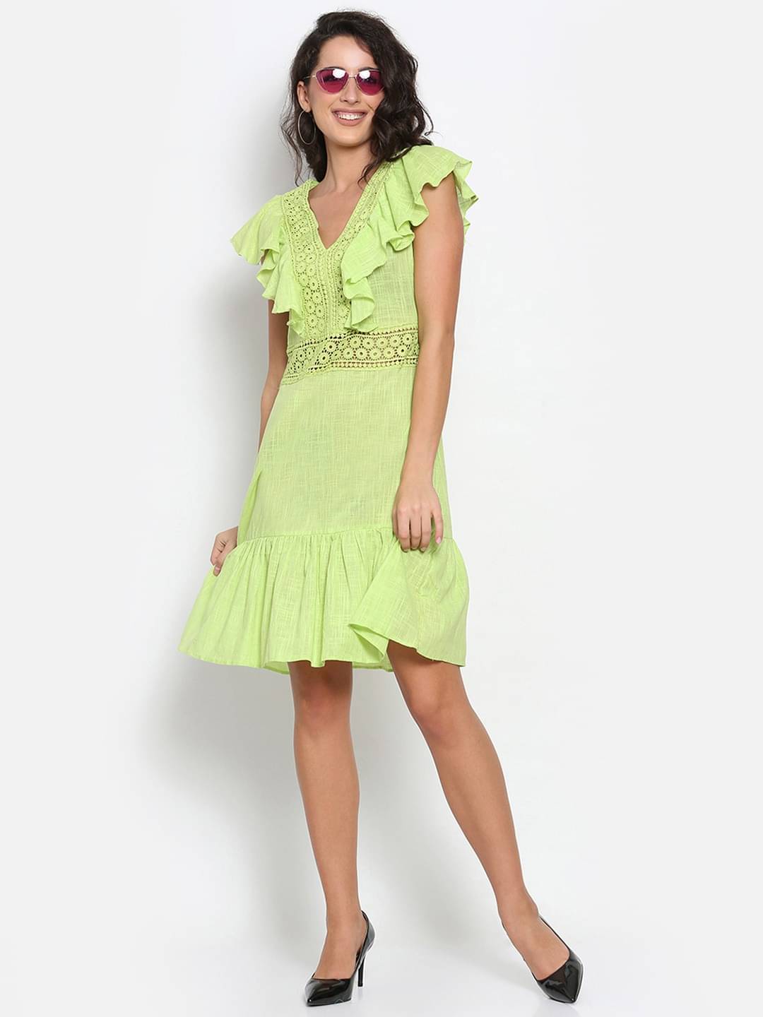 marc louis Women Cotton Blend Printed Fit & Flare Dress ( Green ) marc louis Women Cotton Blend Printed Fit & Flare Dress ( Green )