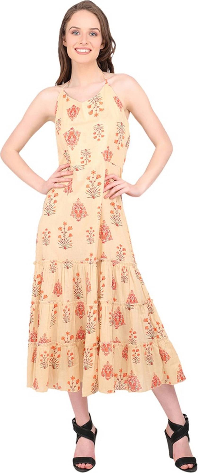     			marc louis Women Cotton Linen Printed Fit & Flare Dress ( Beige )