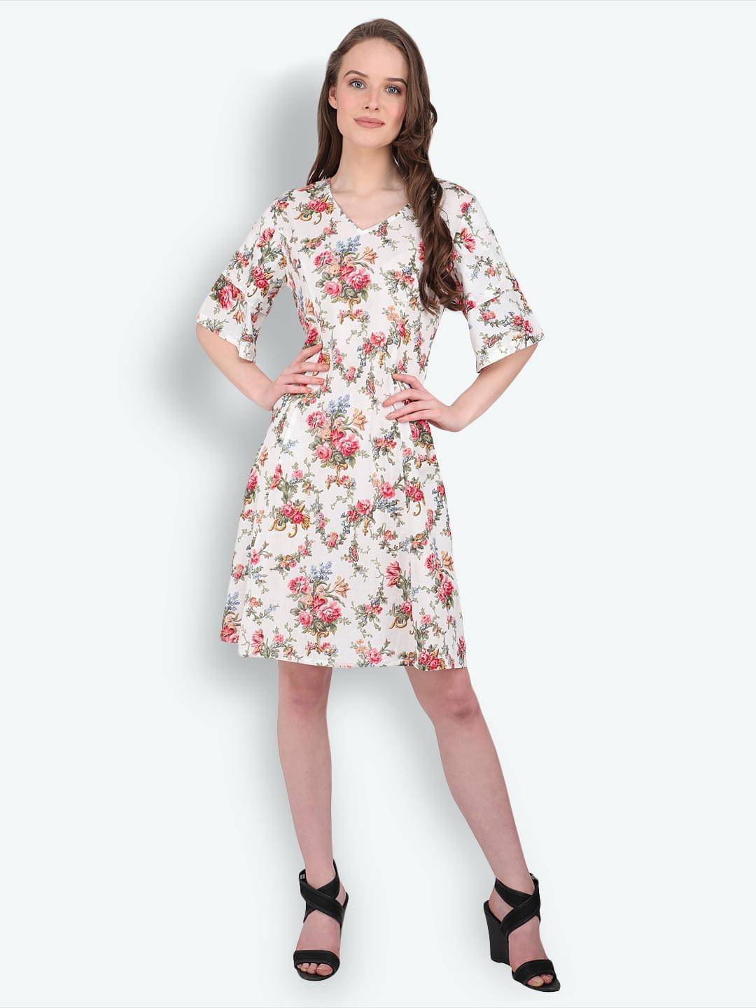 marc louis Women Cotton Printed Fit & Flare Dress ( Multicolor ) marc louis Women Cotton Printed Fit & Flare Dress ( Multicolor )