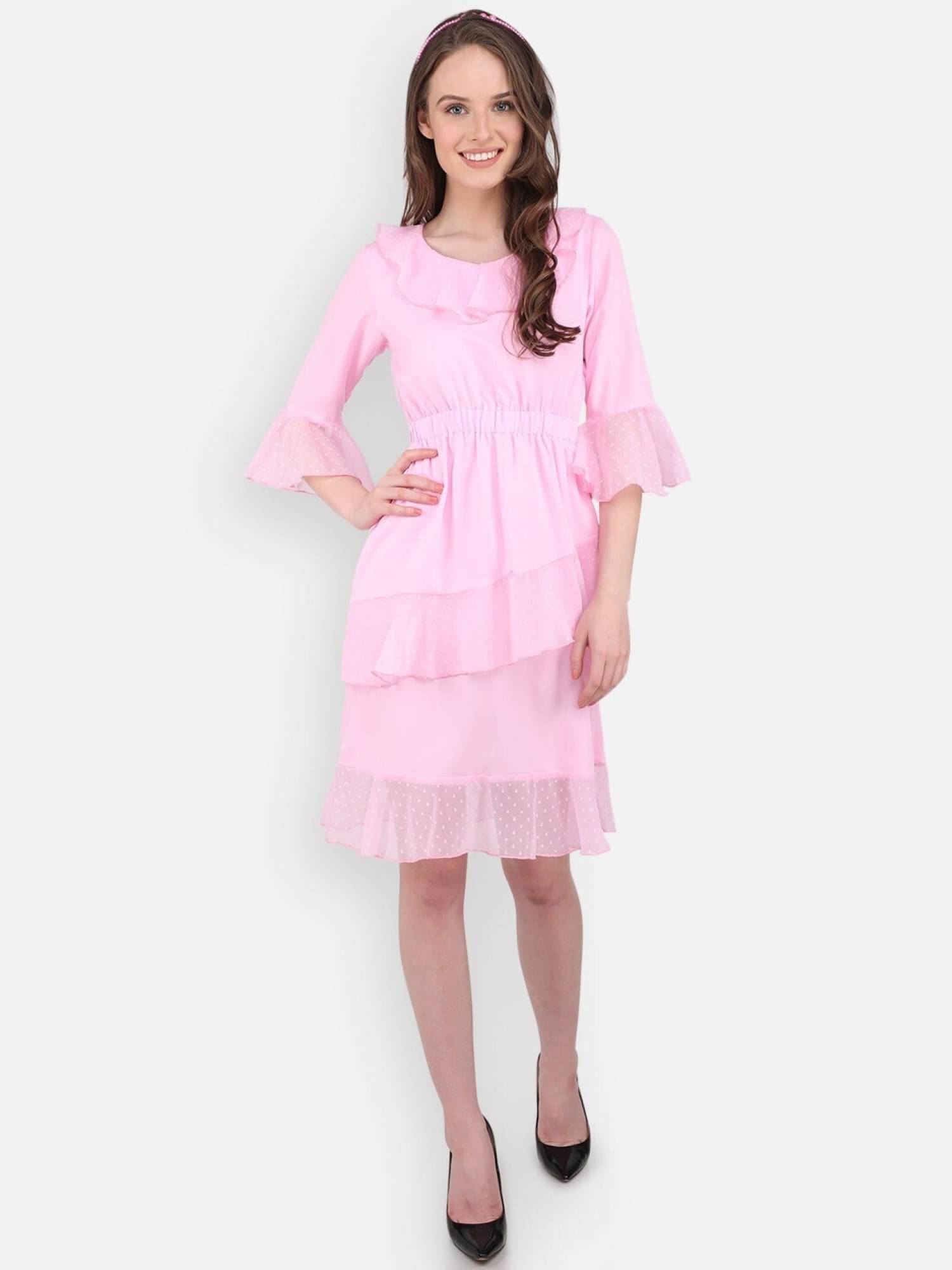     			marc louis Women Crepe Printed Fit & Flare Dress ( Pink )