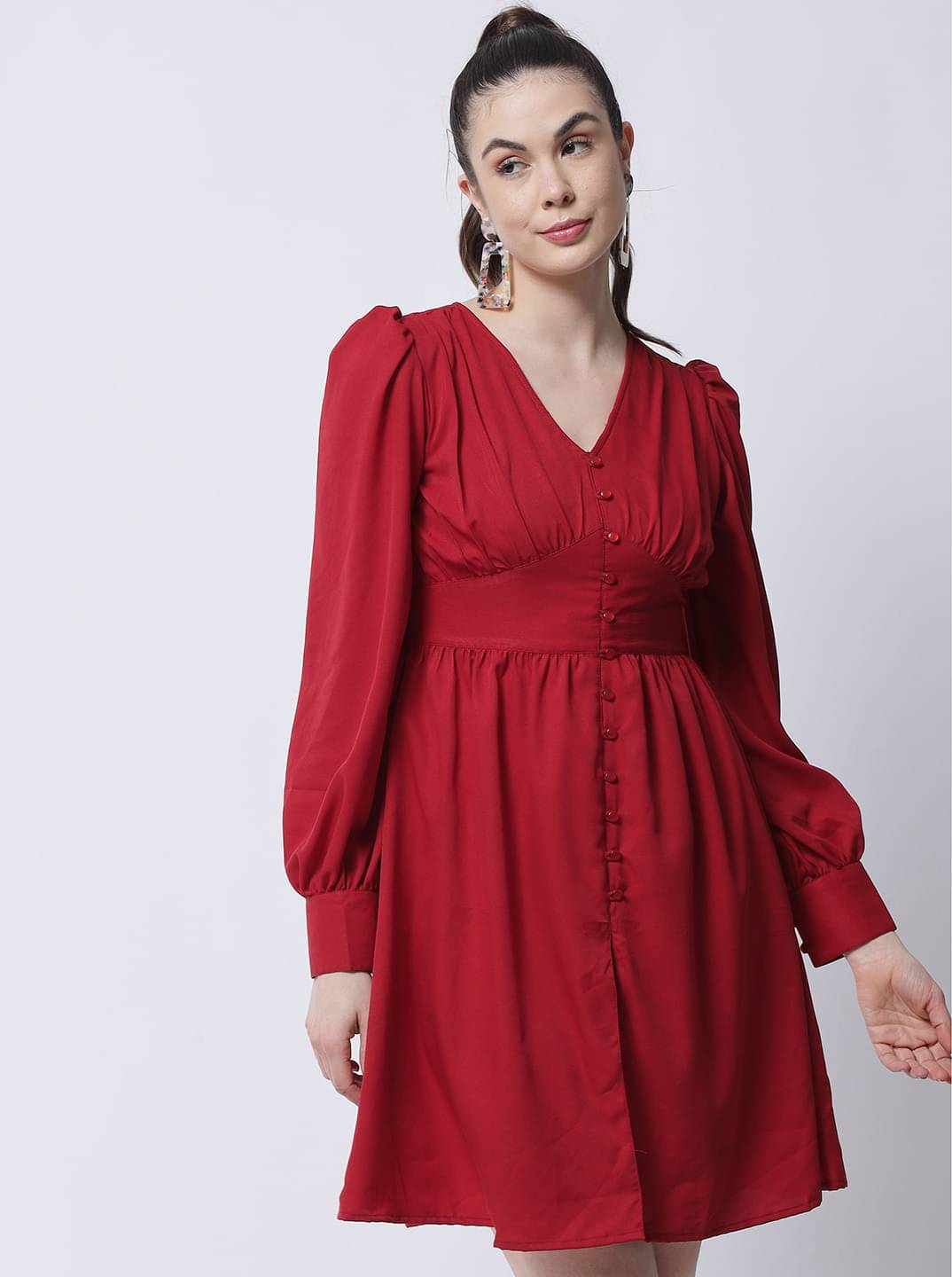     			marc louis Women Crepe Printed Fit & Flare Dress ( Maroon )