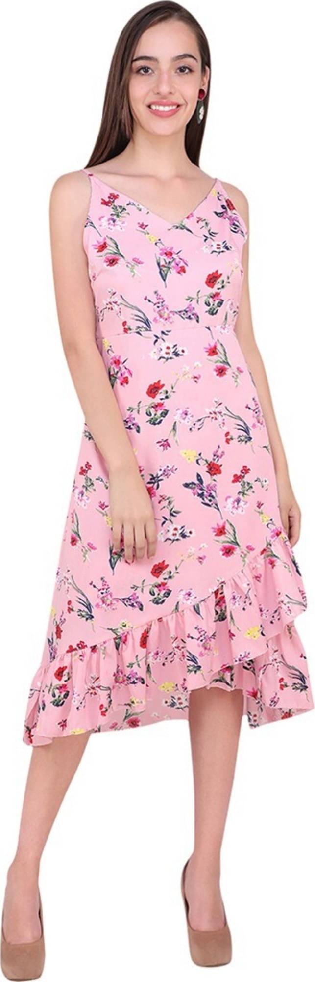 marc louis Women Crepe Printed Fit & Flare Dress ( Pink )     			marc louis Women Crepe Printed Fit & Flare Dress ( Pink )