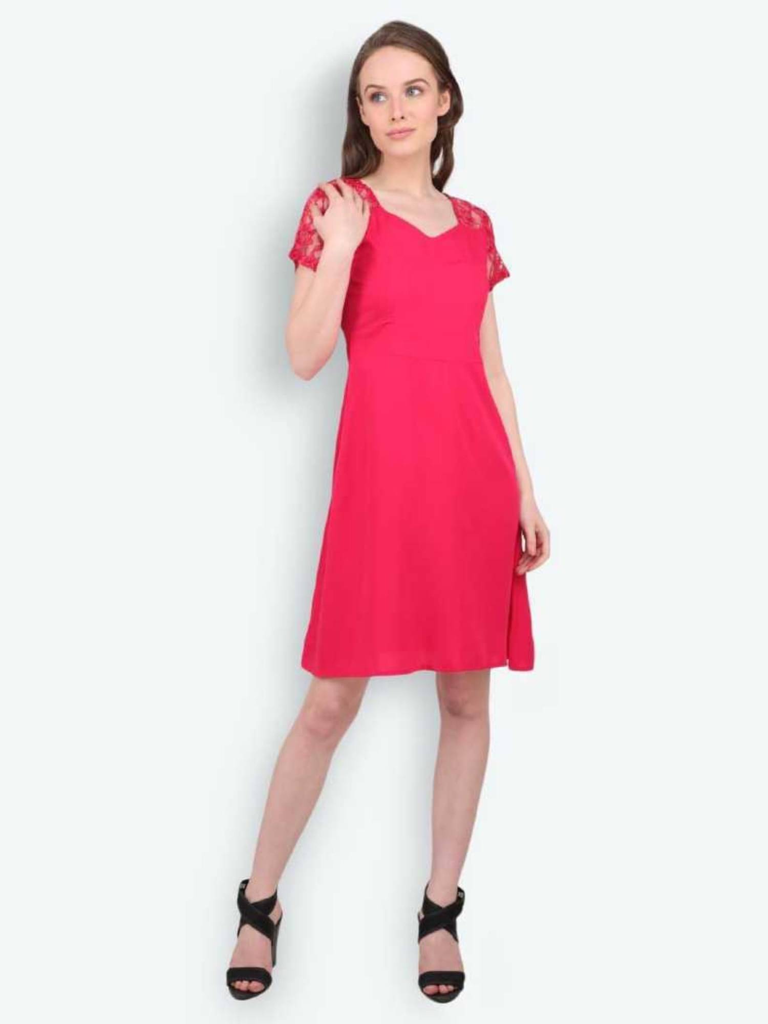 marc louis Women Crepe Printed Fit & Flare Dress ( Pink ) marc louis Women Crepe Printed Fit & Flare Dress ( Pink )