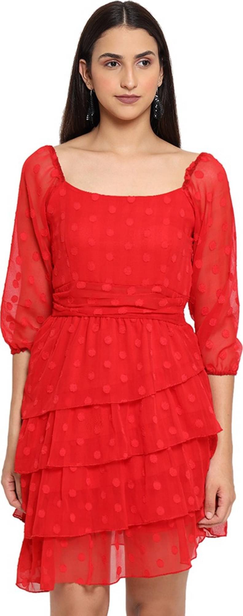     			marc louis Women Georgette Printed Fit & Flare Dress ( Red )