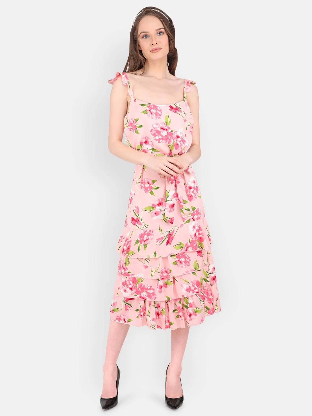     			marc louis Women Georgette Printed Fit & Flare Dress ( Pink )