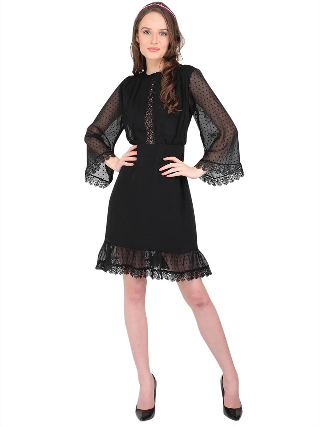     			marc louis Women Georgette Printed Fit & Flare Dress ( Black )